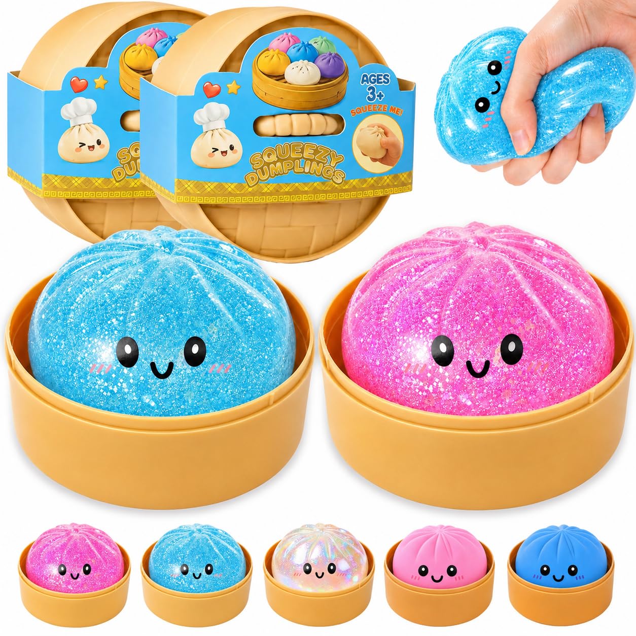 Dumpling Squishies, Glitter Dumpling Mystery Box, Fidget Sensory Toy for Adults,Colorful Dumplings Stress Balls with Food Steamer,Stretchy Desk Toys (Glitter Pink + Glitter Blue)