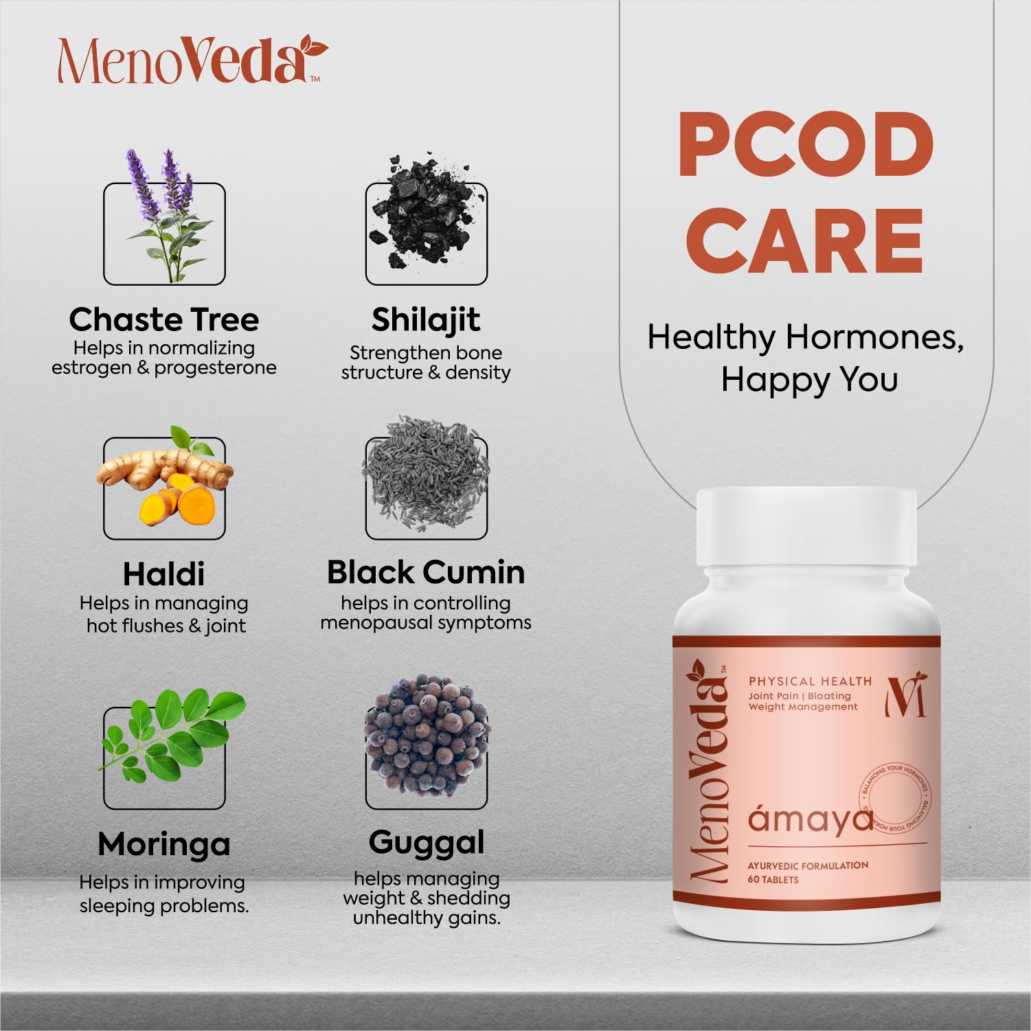 Menoveda Ámaya Ayurvedic PCOD Care Supplement for Women with 13 Herbs | Supports Hormonal Balance, Joint & Physical Health | With Haldi, Shatavari, Ashwagandha, Moringa, and Guggulu | 60 Tablets 2