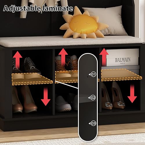 Miniatura 5 de AGOTENI Black Hall Tree con banco de almacenamiento de zapatos, 6 cubos de almacenamiento de zapatos y estante de almacenamiento de 1 nivel,