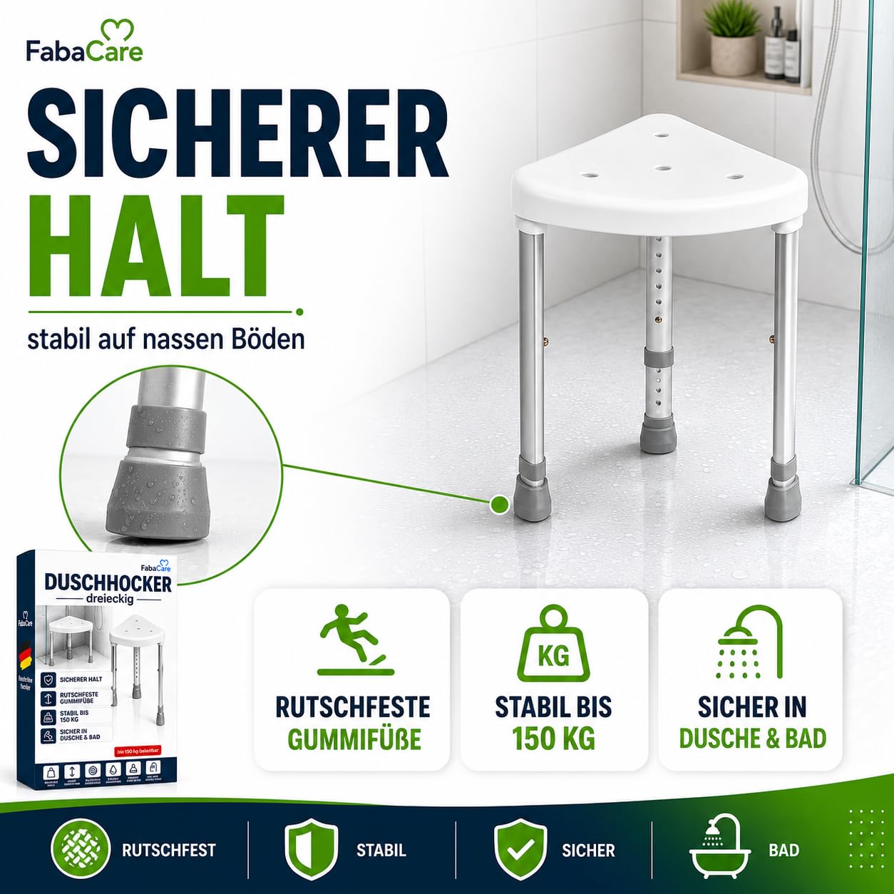 FabaCare Duschhocker dreieckig höhenverstellbar bis 150 kg