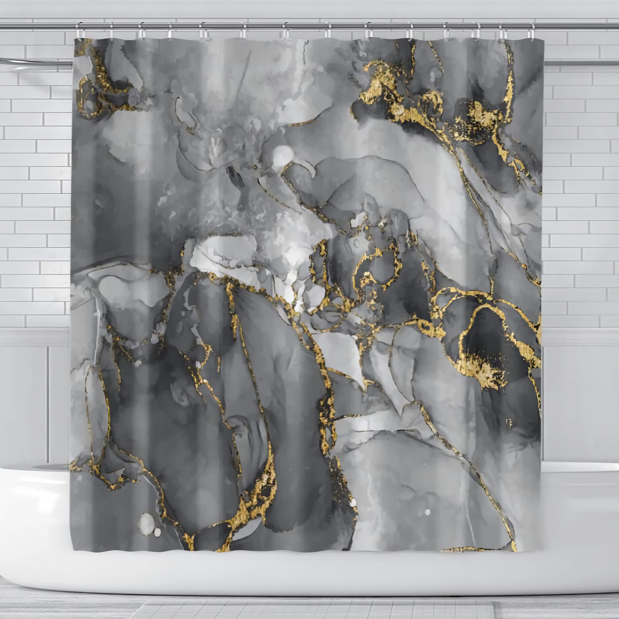 Hadtrily Marble Shower Curtain Grey and Black Gold Marble Texture Shower Curtains for Bathroom Decorative Abstract Modern Bathroom Curtain with 12 Hooks Fabric Waterproof 72"x72"