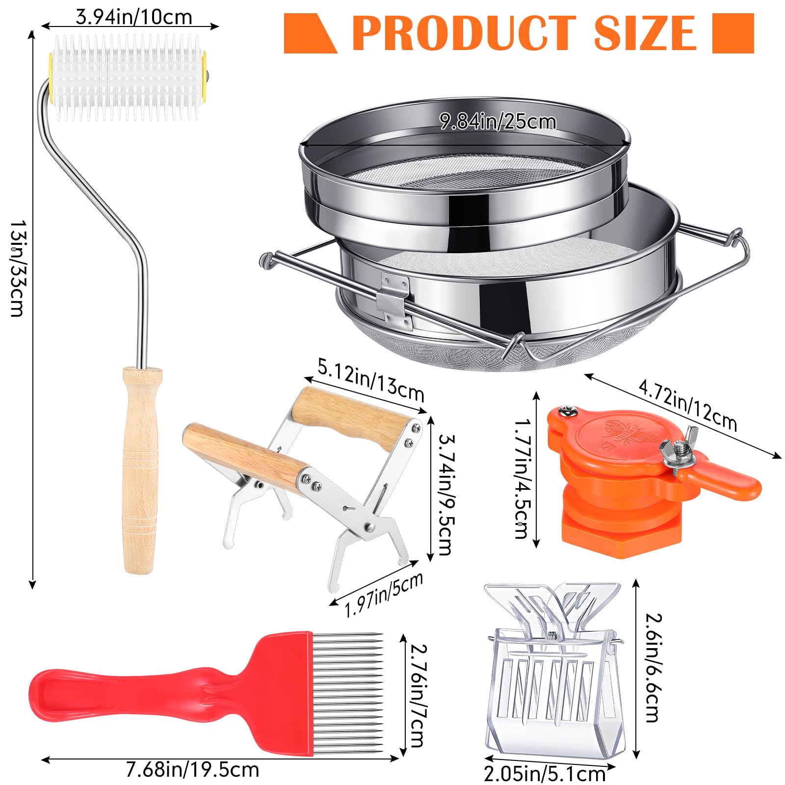Tandefio El kit de 6 herramientas de apicultura de cosecha de miel incluye colador de miel de acero inoxidable de doble tamiz, agarre de marco, tenedor de destapado, rodillo de aguja para destaponar,