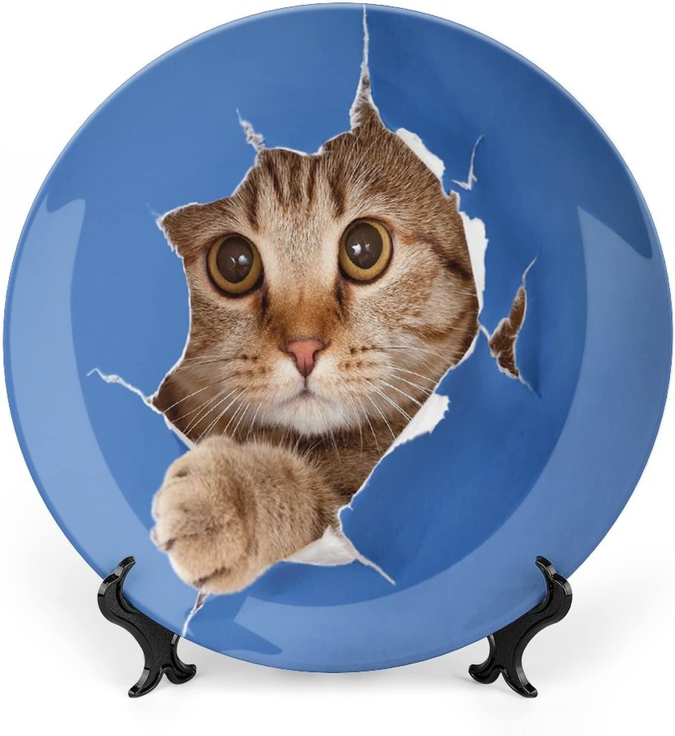 6 Inch Decorative Plate, Animal Round Porcelain,Cute Cat in Paper Hole Paws Playful Adorable Pet Print Ceramic Wall Hanging for Fine Dining For Upscale Events, Dinner Parties, Weddings, Catering
