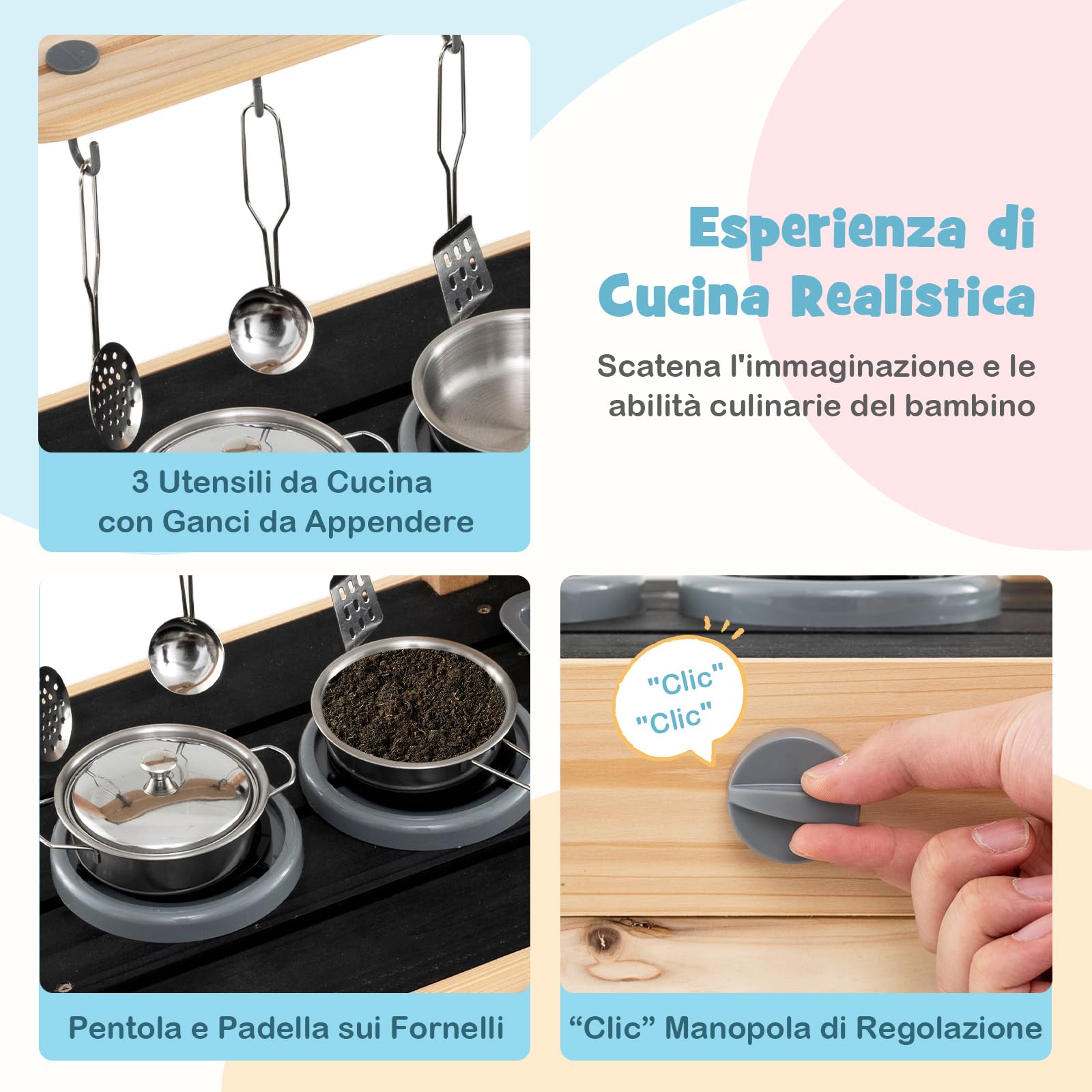 COSTWAY Cucina Giocattolo Bambini, Cucina da Esterno in Legno con 2 Lavandini Removibili, Piano Cottura e Utensili e Spazio di Archiviazione, 67 x 30 x 82 cm
