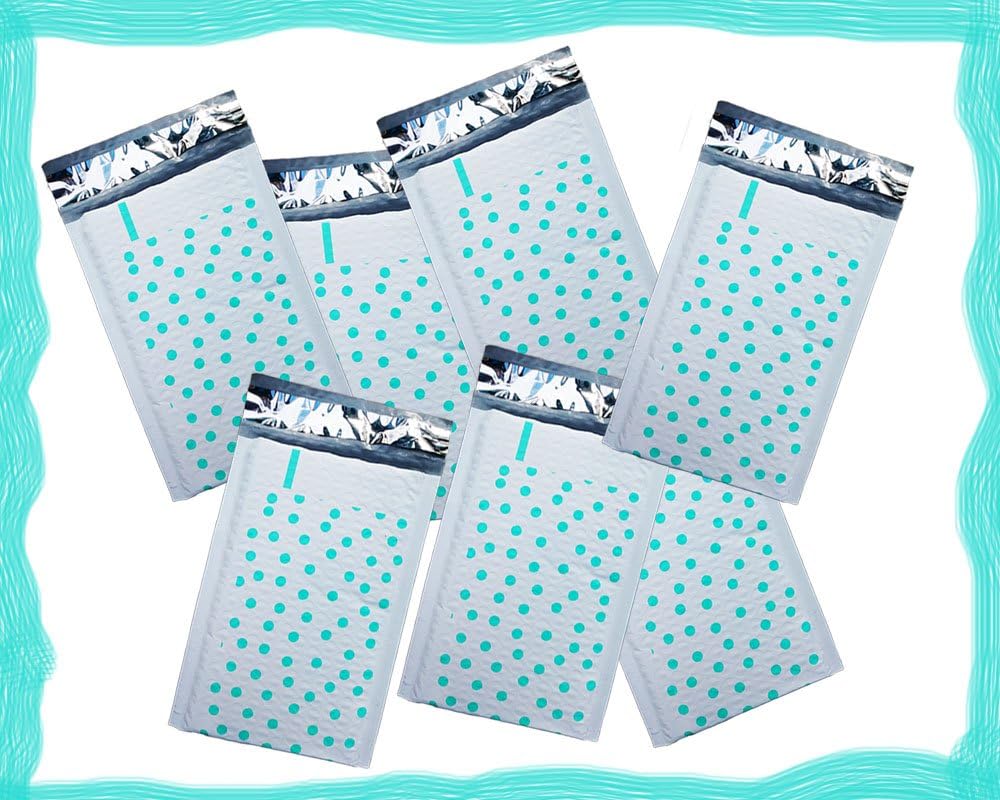 4"x 8" Hot Pink and Aqua Teal Polka Dot Poly Bubble Lined Mailing Envelopes, Self Seal Adhesive Colorful Designer 4x8 Padded Bags (Teal Polka Dot, Pack of 200)