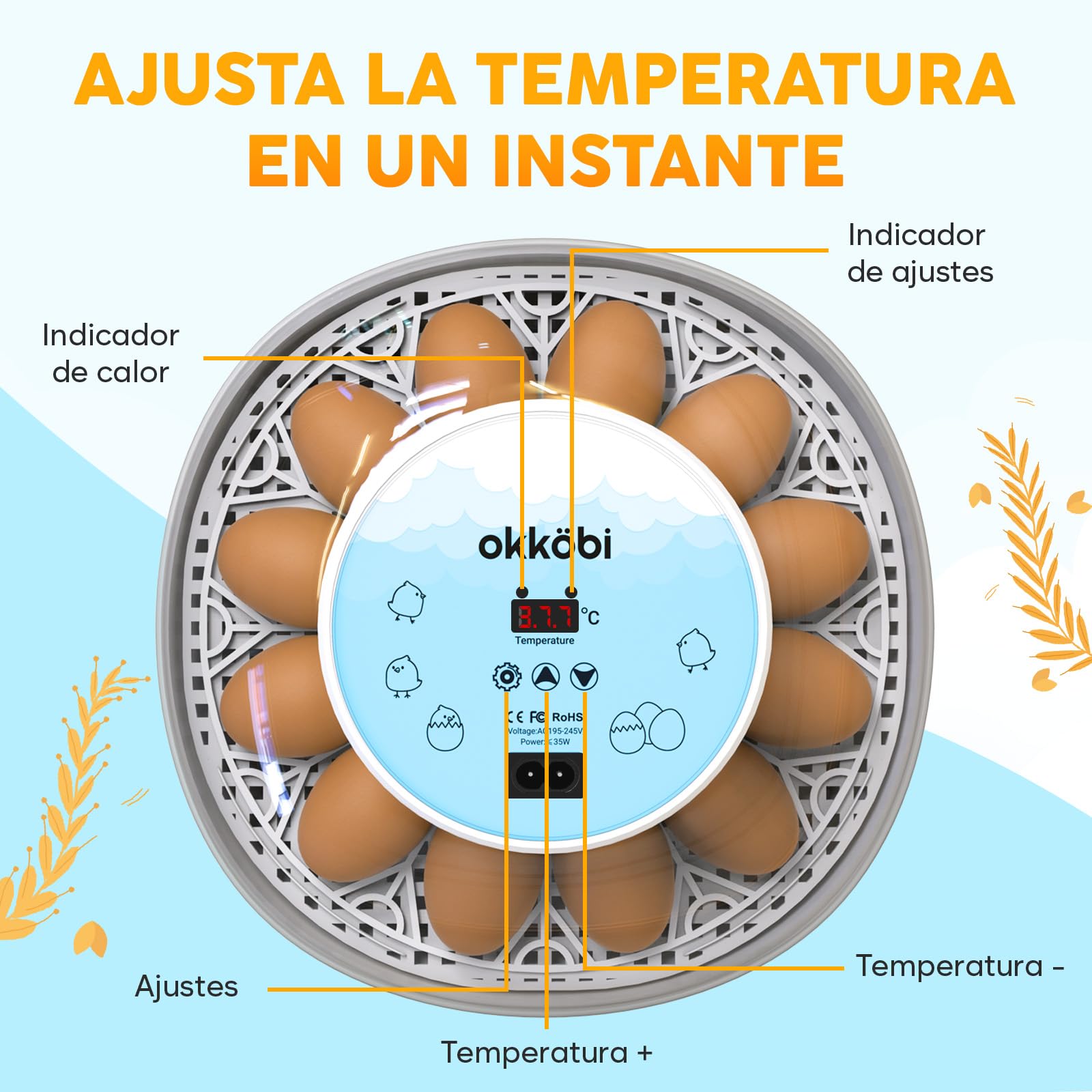 Okkobi M12 - Incubadora Huevos Gallina Automática - 12/24 huevos, Vista 360°, fácil de usar y limpiar - Volteo Automático y Control de Humedad - Chocadeira Ovos Automática