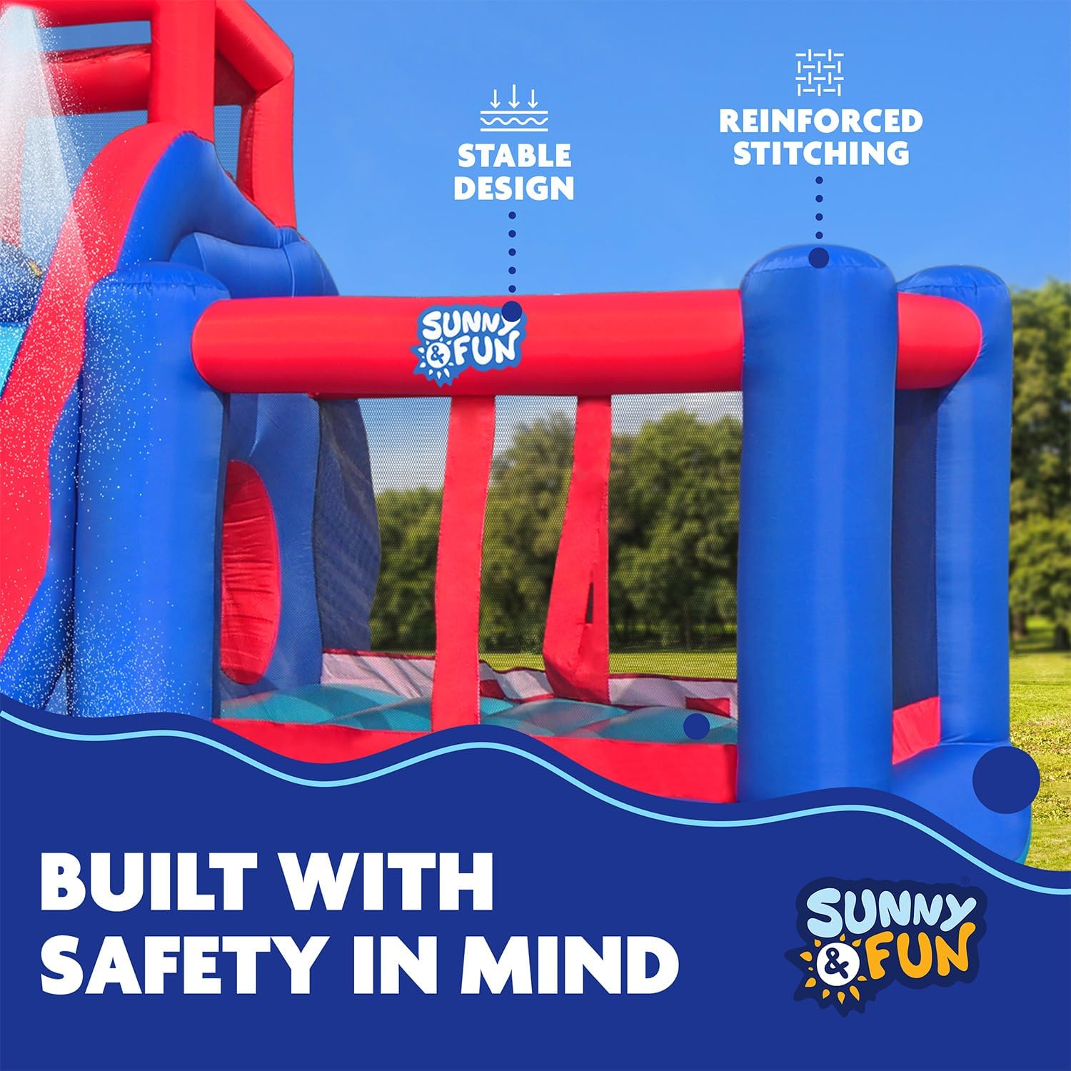 Sunny & Fun 2-in-1 Bounce & Blast Inflatable Water Slide Park – Heavy-Duty for Outdoor Fun - Climbing Wall, Slide, Bouncer, Tunnel & Splash Pool – Easy to Set Up, Included Air Pump & Carrying Case