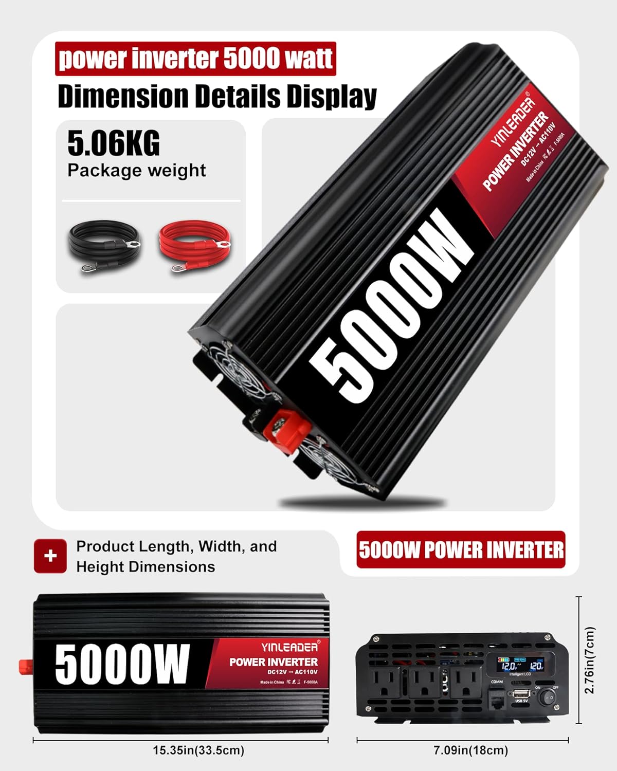 5000 Watt Power Inverter 12v to 110V/120V Converter Peak Power 10000W with 3 AC Outlets,1 USB Port, Remote Controller & LCD Screen DC to AC Inverter for RV Camping Off-Grid Solar Inverter Systems