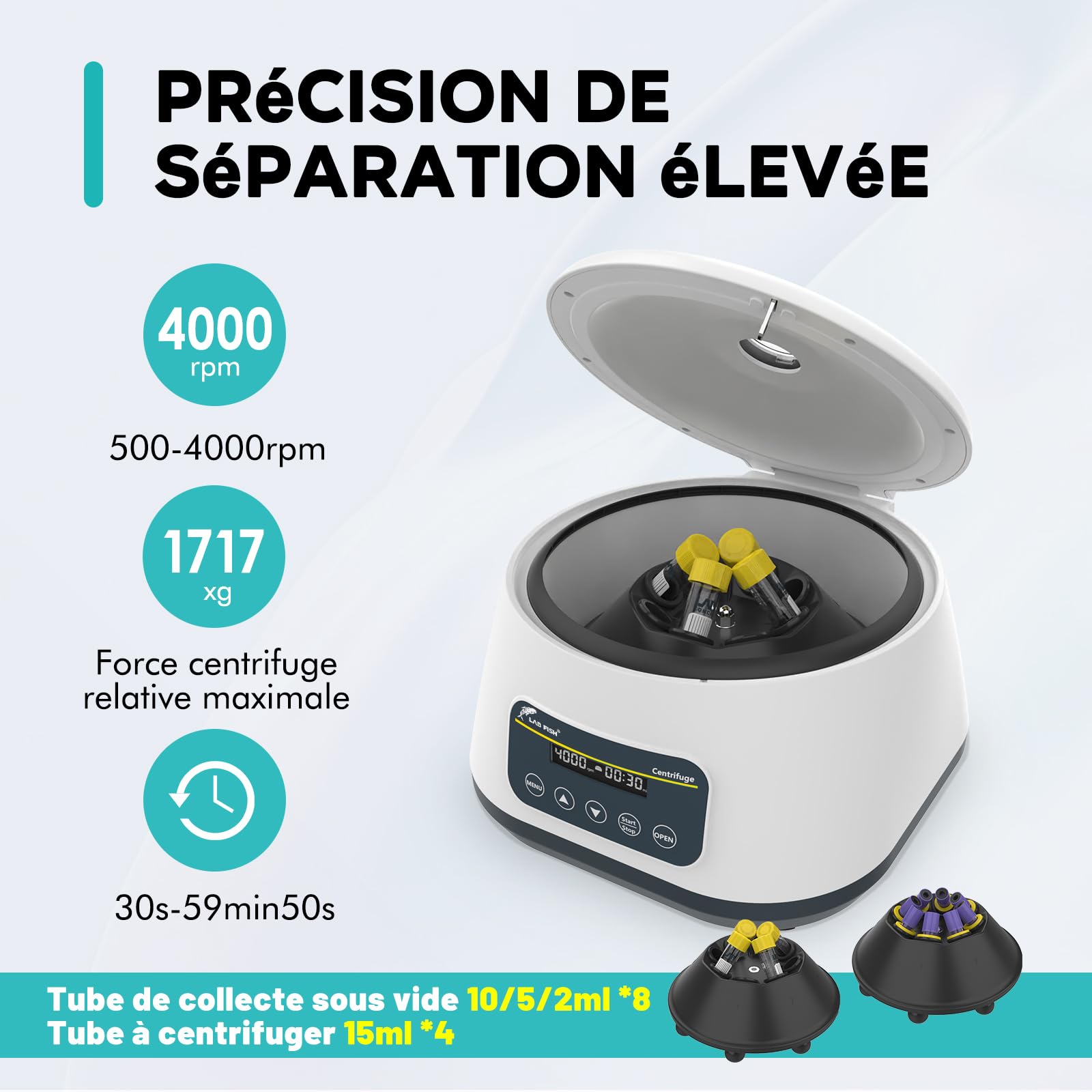 LAB FISH Centrifugeuse PRP LC-400 2ml/5ml/10ml/15ml Tubes De Laboratoire | Contrôle De La Vitesse 500-4000RPM,Max 1717xg | Fonction Minuterie 30sec-59min