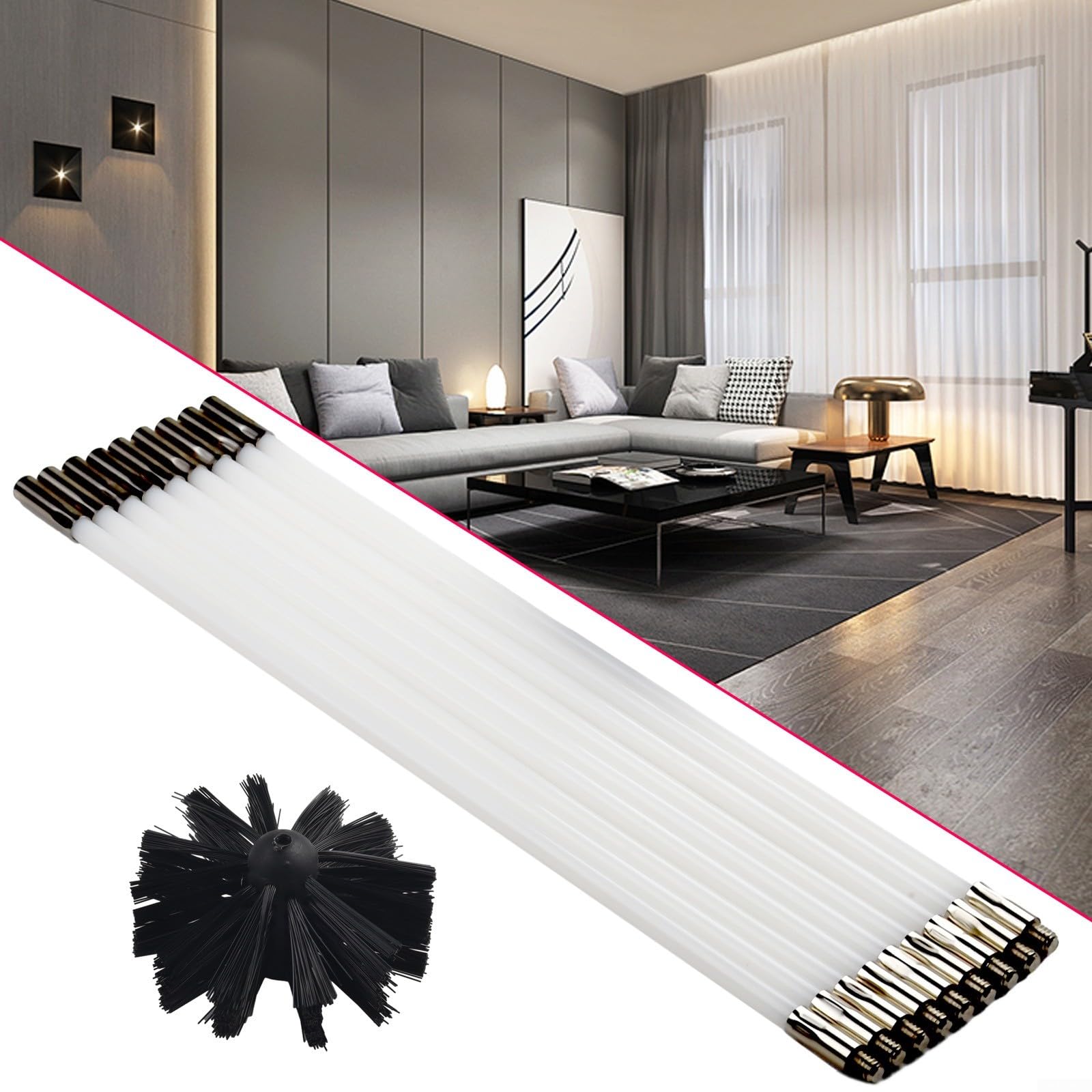 Kit spazzola per camino, strumento per la pulizia della canna fumaria del tubo del manicotto di scarico dello spazzacamino, sfiato del tubo include 9 barre flessibili + 1 testina della spazzola