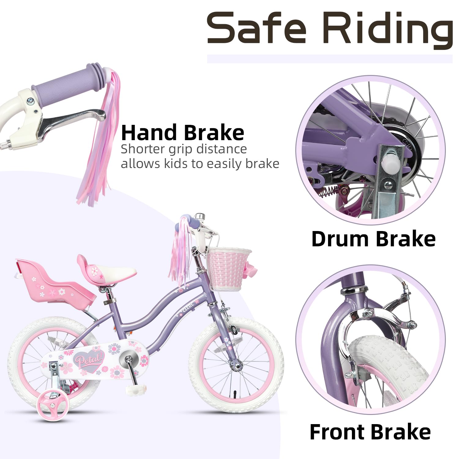 Glerc Petals 12 14 16 Zoll Kinderfahrrad Prinzessinnen-Stil für 2-8 Jahre alte Mädchen, mit Lenkerquasten & Korb & Stützrädern,Rosa/Blau/Lila/Pfirsichfarben