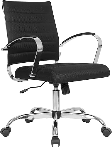LeisureMod Silla de oficina tapizada de malla con respaldo medio ergonómico ajustable para computadora con giro e inclinación, serie Benmar en negro