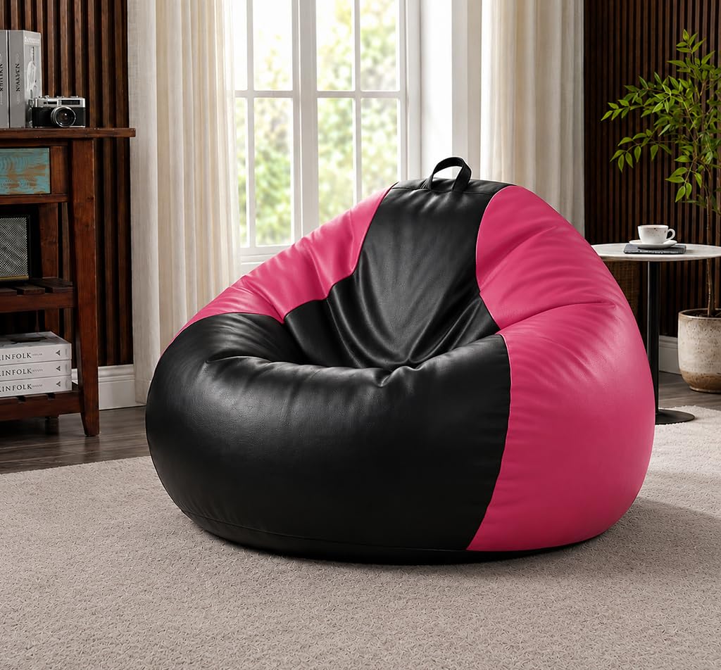 Sattva Classic Dual Color XXXL Bean Bag with Pocket Filled with Beans | Faux Leather Teardrop Bean Bag for Adults & Teens | Pre-Filled Comfortable Seating for Home, Bedroom, Office – Black & Pink-image-19