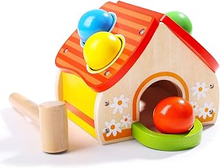 TOP BRIGHT Montessori Toys, Wooden Pounding Bench Toy with Mallet, Hammering Toy with 4 Multicolor Balls for 2 Year Old Toddler Boys Girls Gifts