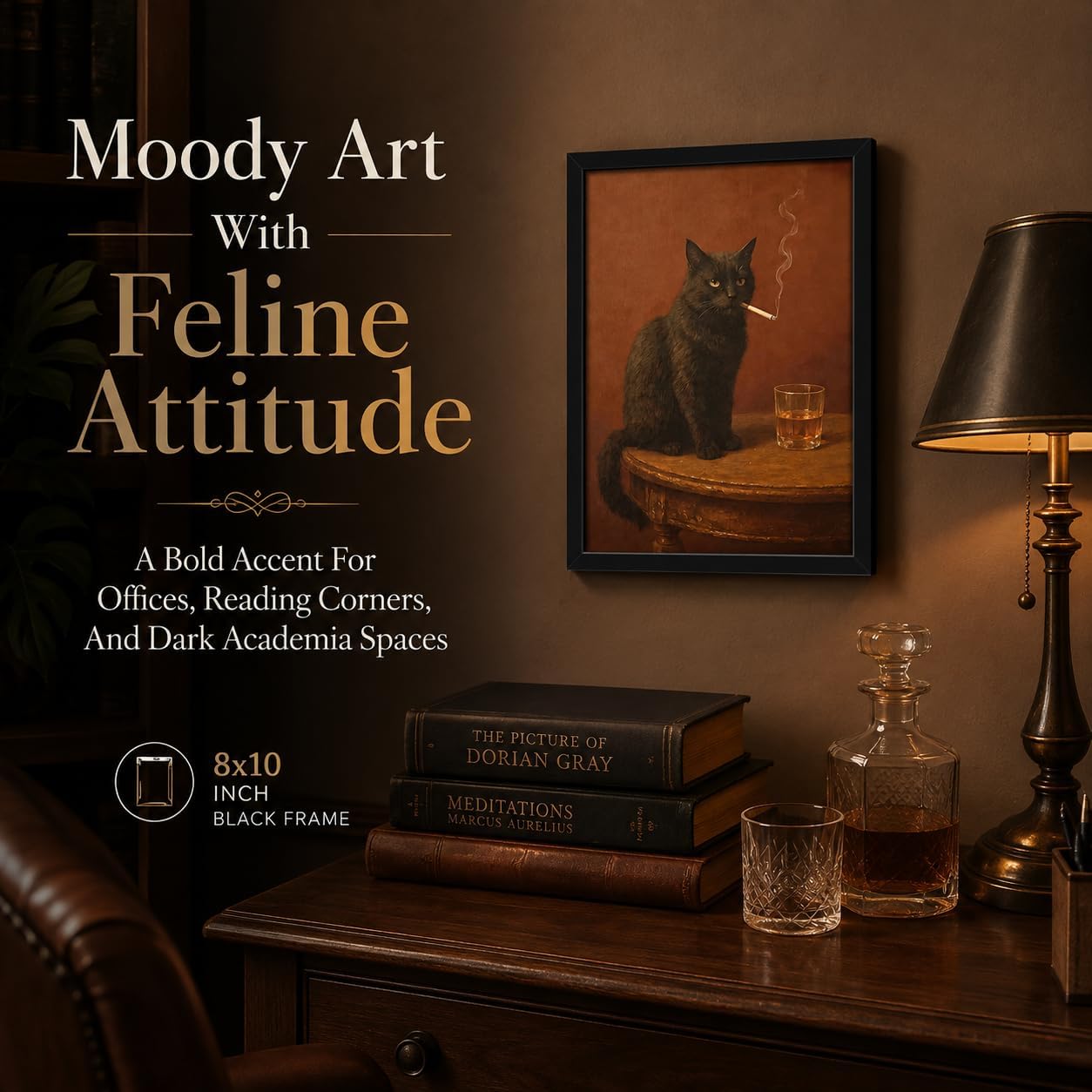 Framed Funny Black Cat Wall Art, Vintage Moody Cat Decor Black Wood Frame image 2