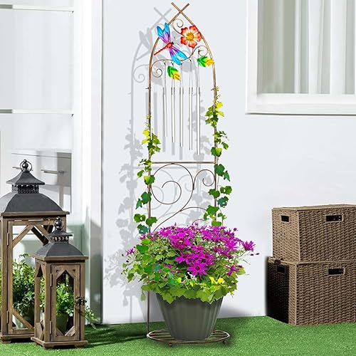 Miniatura 6 de Enrejado de jardín con soportes para plantas, enrejado de metal desmontable de 48 pulgadas para maceta con libélula y campanillas de viento para