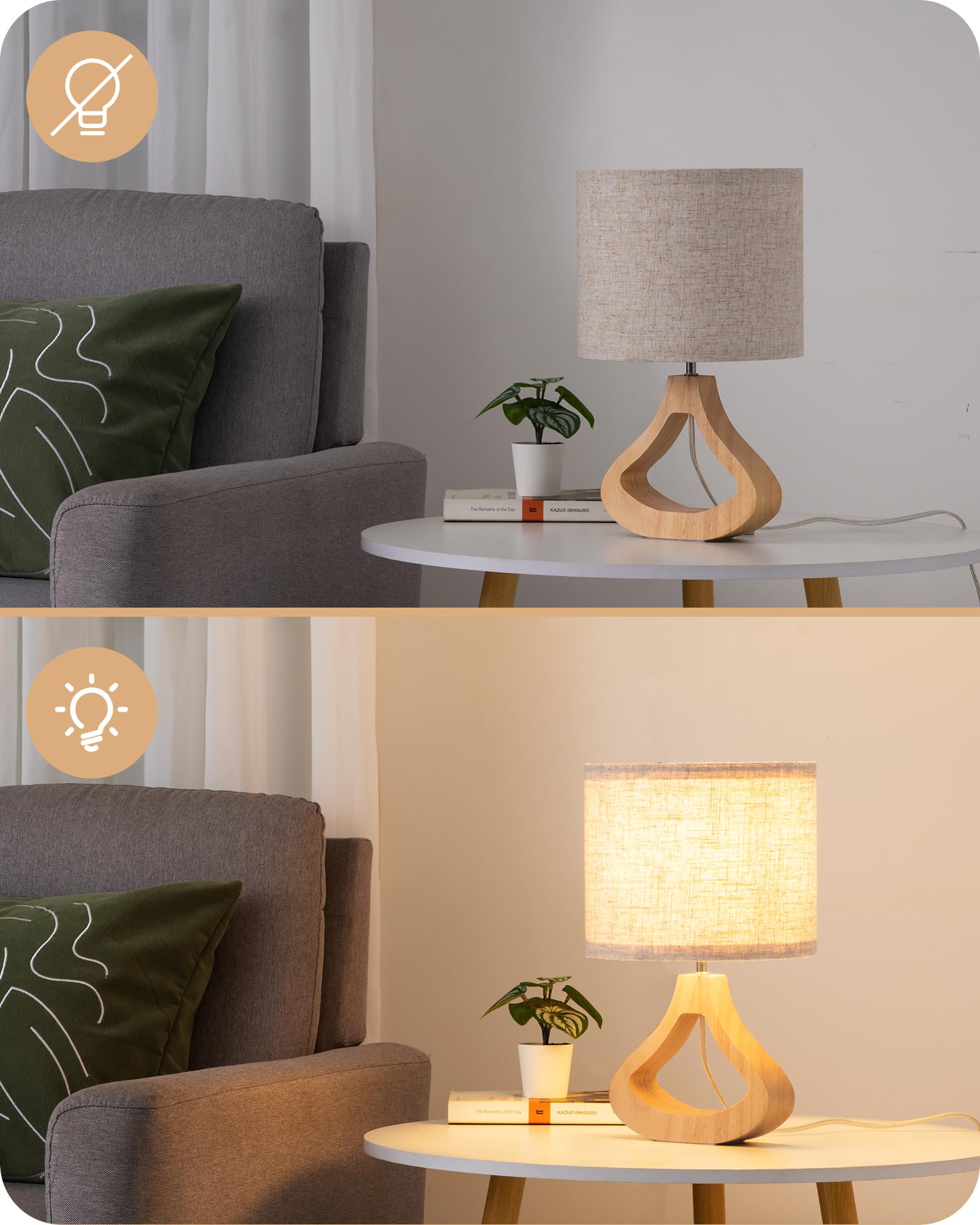 EDISHINE Lampe de Chevet avec Abat-jour en Lin & Base en Bois Massif de Teinte Chêne Clair, E27 4W Ampoule LED Incluse, 2700K Blanc Chaud, H34 cm, Ø21 cm, Lampe de Table Moderne pour Salon, Chambre