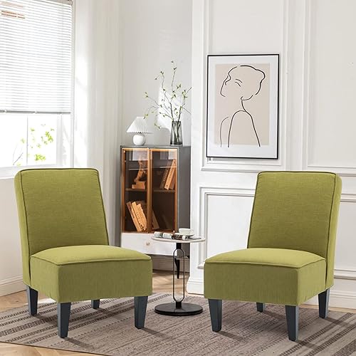 Miniatura 6 de Yongqiang Juego de 2 sillas laterales tapizadas sin brazos para sala de estar, juego de 2 sillas deslizantes para dormitorio, tela de lino naranja