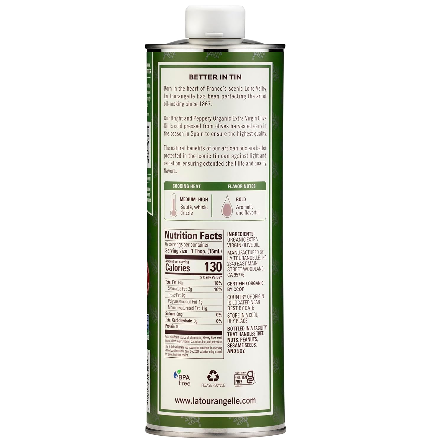 La Tourangelle, Organic Extra Virgin Olive Oil, Cold-Pressed Early Harvest EVOO from Spain, Bright & Peppery, 33.8 fl oz (1 Liter) - Spanish with Polyphenols for Cooking, Drizzling, Marinades, and Dipping