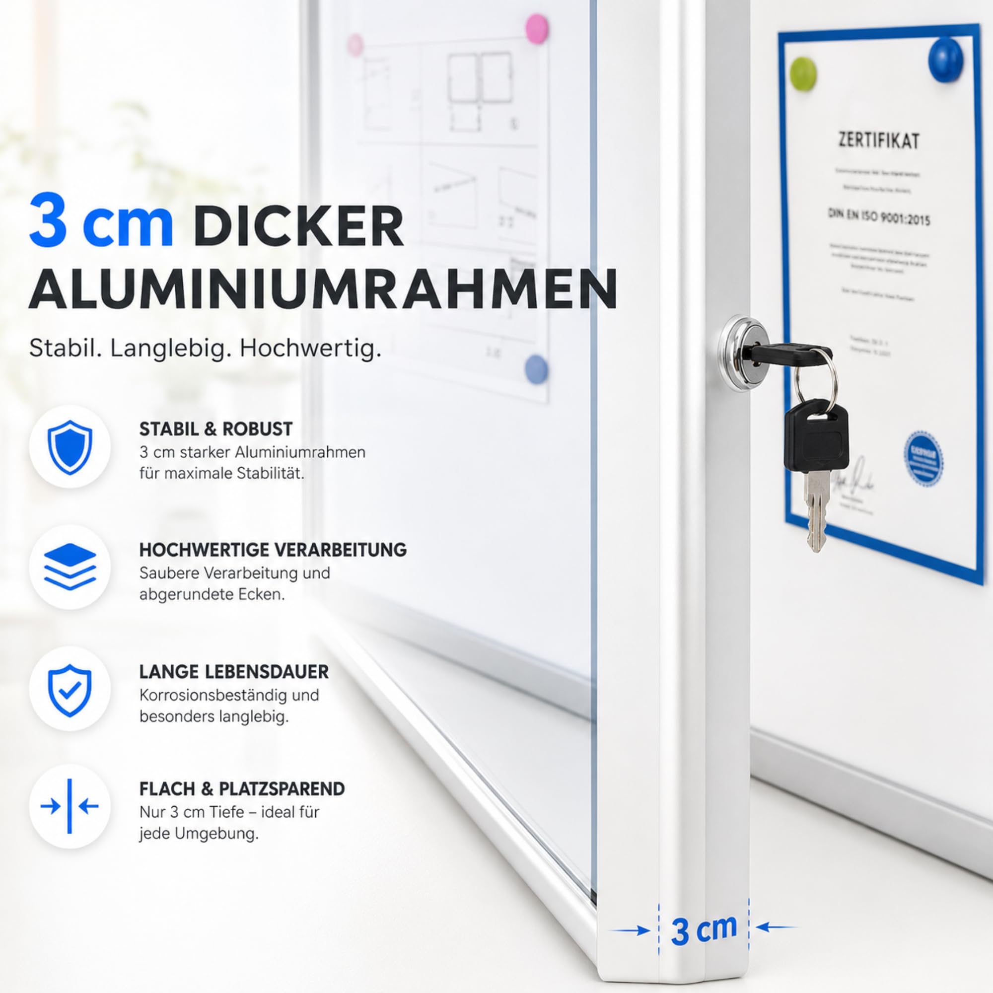 Vitrina exclusiva con material de montaje – Caja informativa – Parte posterior magnética & escribible – Puerta doble con cerradura de cilindro – Marco de aluminio (para 12 x A4)
