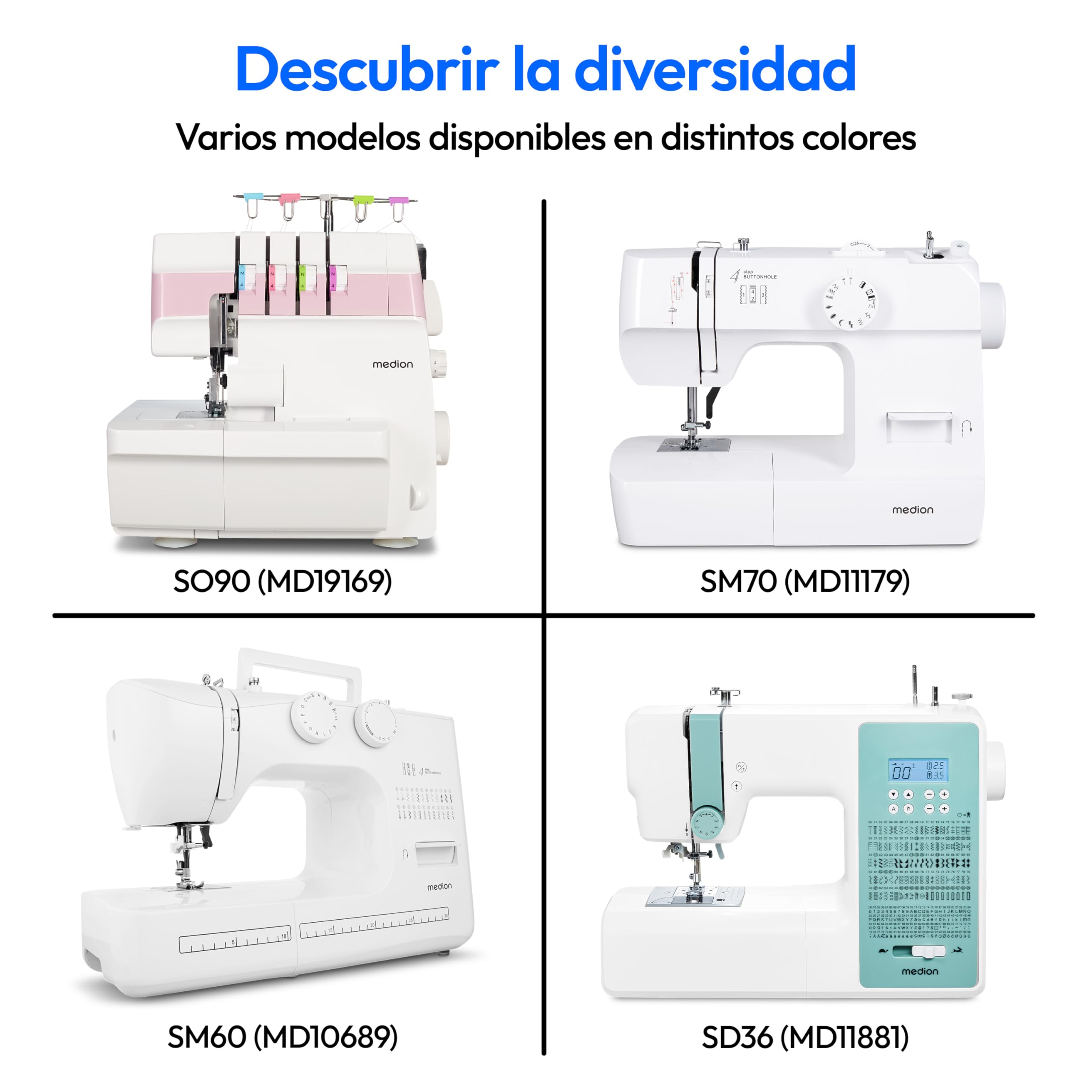 MEDION máquina de coser de brazo libre SM60 (60 vatios, 60 puntadas diferentes con ojales, luz de costura LED, enhebrador automático, botón de marcha atrás, cortador de hilo, MD10689) blanca