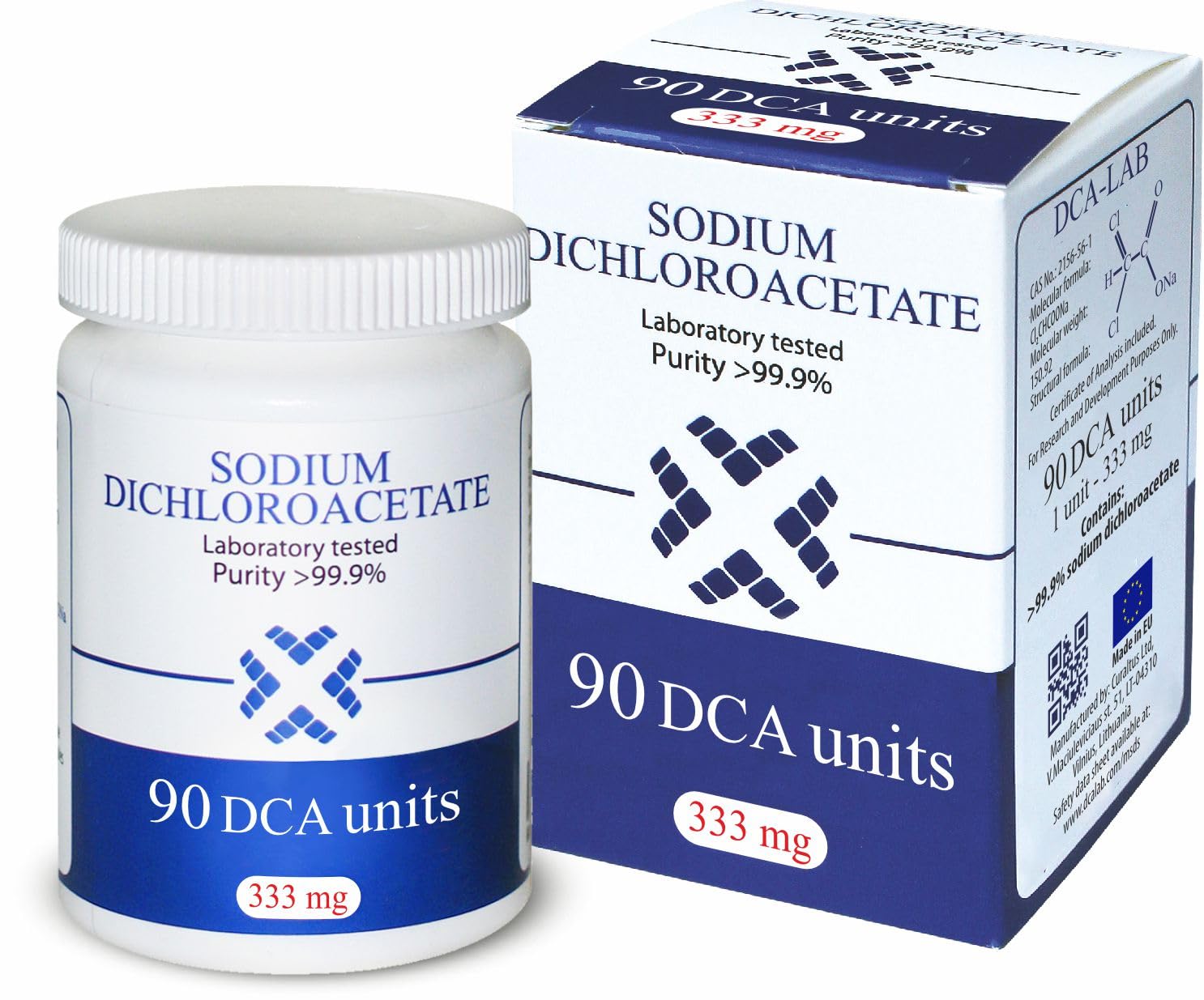 Natriumdichloracetat (Dichloressigsäure) - Sodium Dichloroacetate - DCA 333mg, Beste Reinheit >99,9%, Inklusive Analysebescheinigung, von DCA-LAB, 90 Kapseln