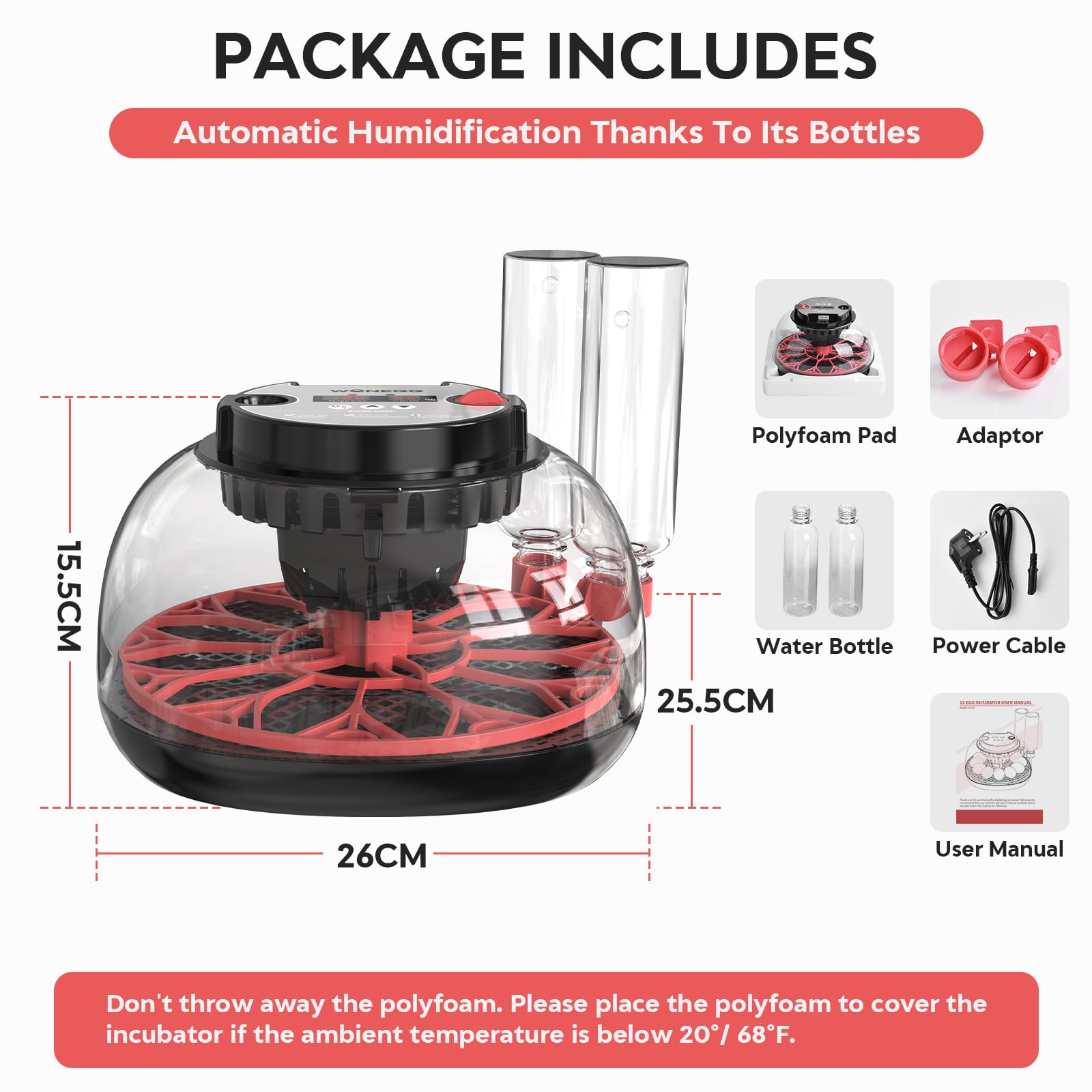 Incubadora de Huevos, Incubadora de 12 Huevos con Volteo Automático de Huevos y Humidificación automática, Incubadora para Huevos de Gallina, Codorniz, Pato, con Lámpara de Huevo