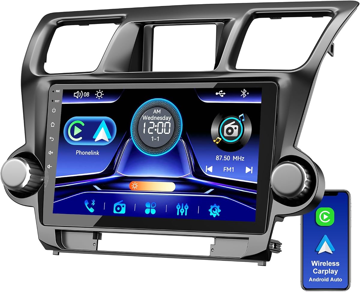 Radio estéreo para coche para Toyota Highlander 2008-2013 (sin sistema de sonido JBL), compatible con Carplay inalámbrico/Android Auto/Mirrorlink, pantalla táctil QLED de 10,2 pulgadas con Bluetooth, radio FM