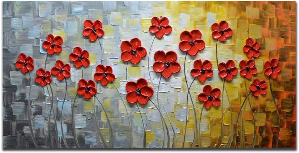 Asdam Art Red Daisy Painting 3D Flower Oil Paintings Abstract Art Landscape Artwork 100% Hand painted Pictures Wall Art (24X48 inch)