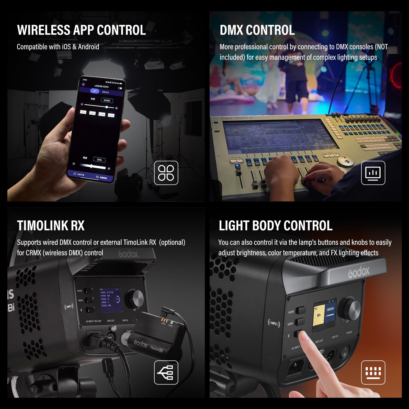 Godox Litemons LE300Bi LE300 Bi Luz Continua LED Video Light 320W 2800K~6500K 58900 Lux/1m TLCI/CRI≈98 Control Bluetooth 11 Efectos FX Montura Bowens Luz de Vídeo para Vlogging Live Youtube (Negro)