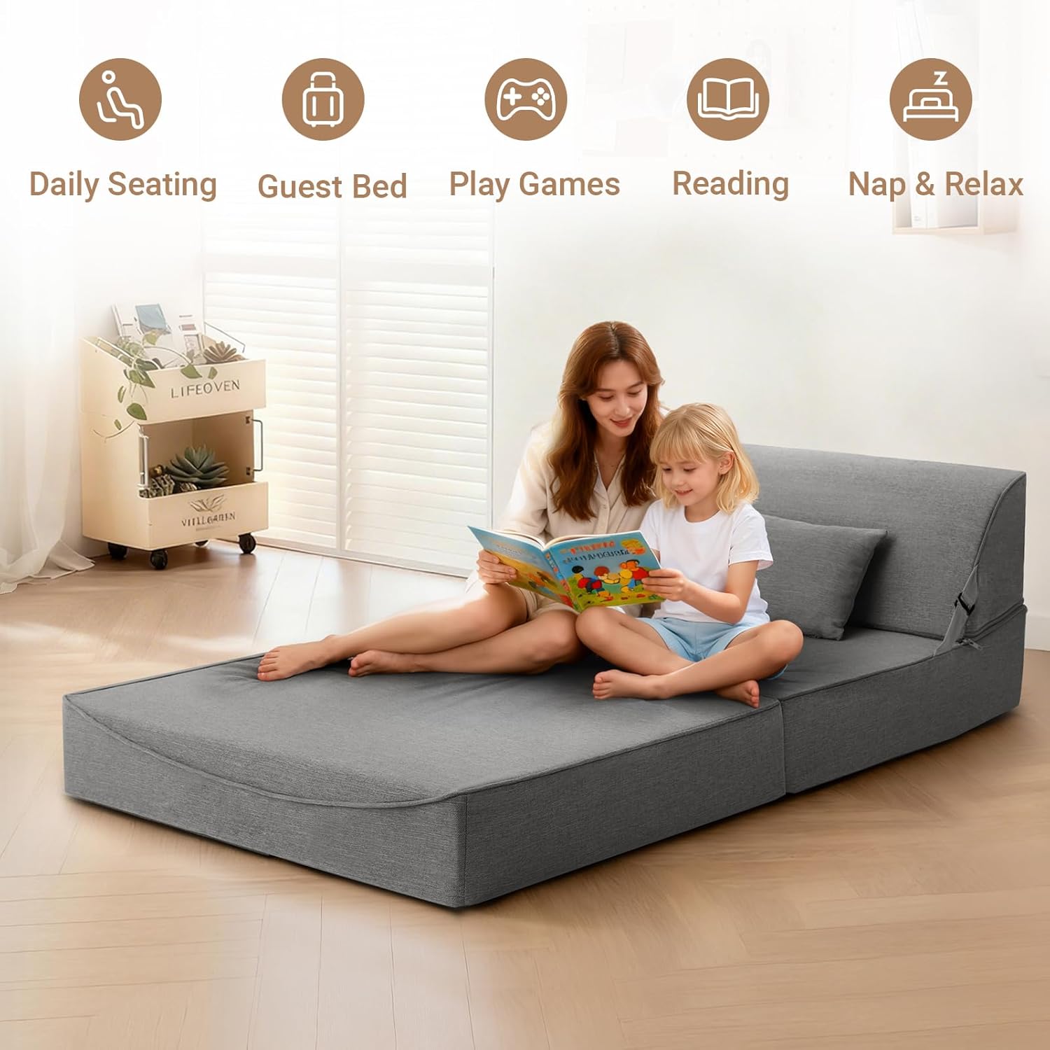 BeBen Folding Sofa Bed Chair, Convertible Sleeper Chair Futon Couch, Foldable Boneless Floor Lounger Sofa, Twin Foam Chair Bed for Small Spaces, Dorm, Guest Room, Living Room, Apartment, Grey