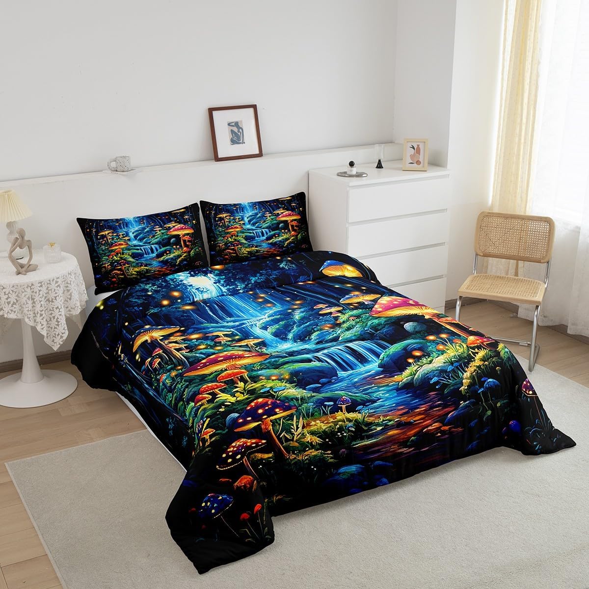 Feelyou Beautiful Scene Comforter Set King Size Boho Comforter for Boys Girls Teens Wild Mushroom Stuff Bedding Set Mountain Duvet Set Room Decor Acid Blue Quilt Set