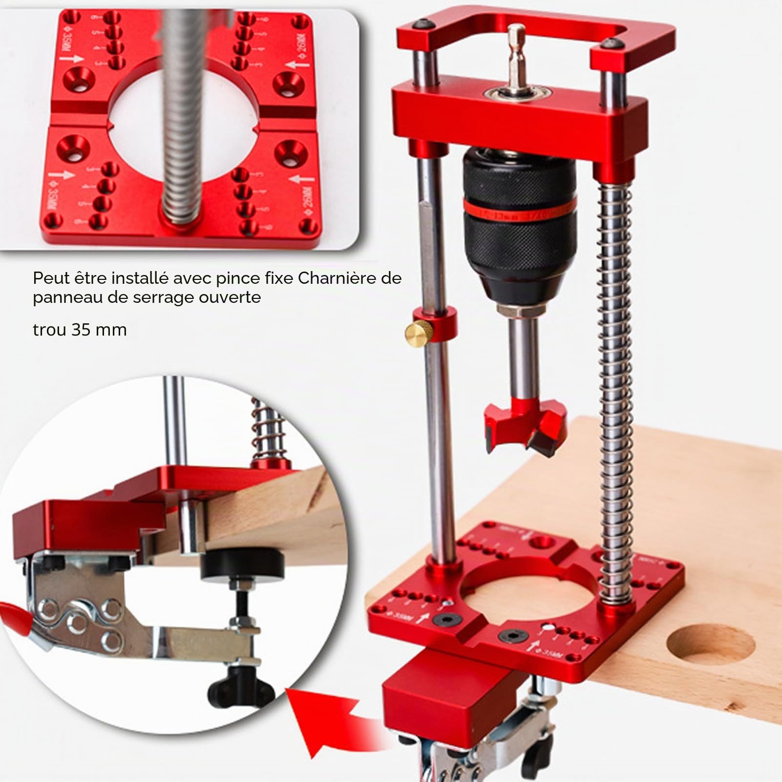Support de Perceuse à Colonne, Guide de Perçage, Localisateur de Charnière pour le Travail du Bois, Fixation de 35 Mm, avec Mandrin à clé, échelle Réglable pour Perceuse