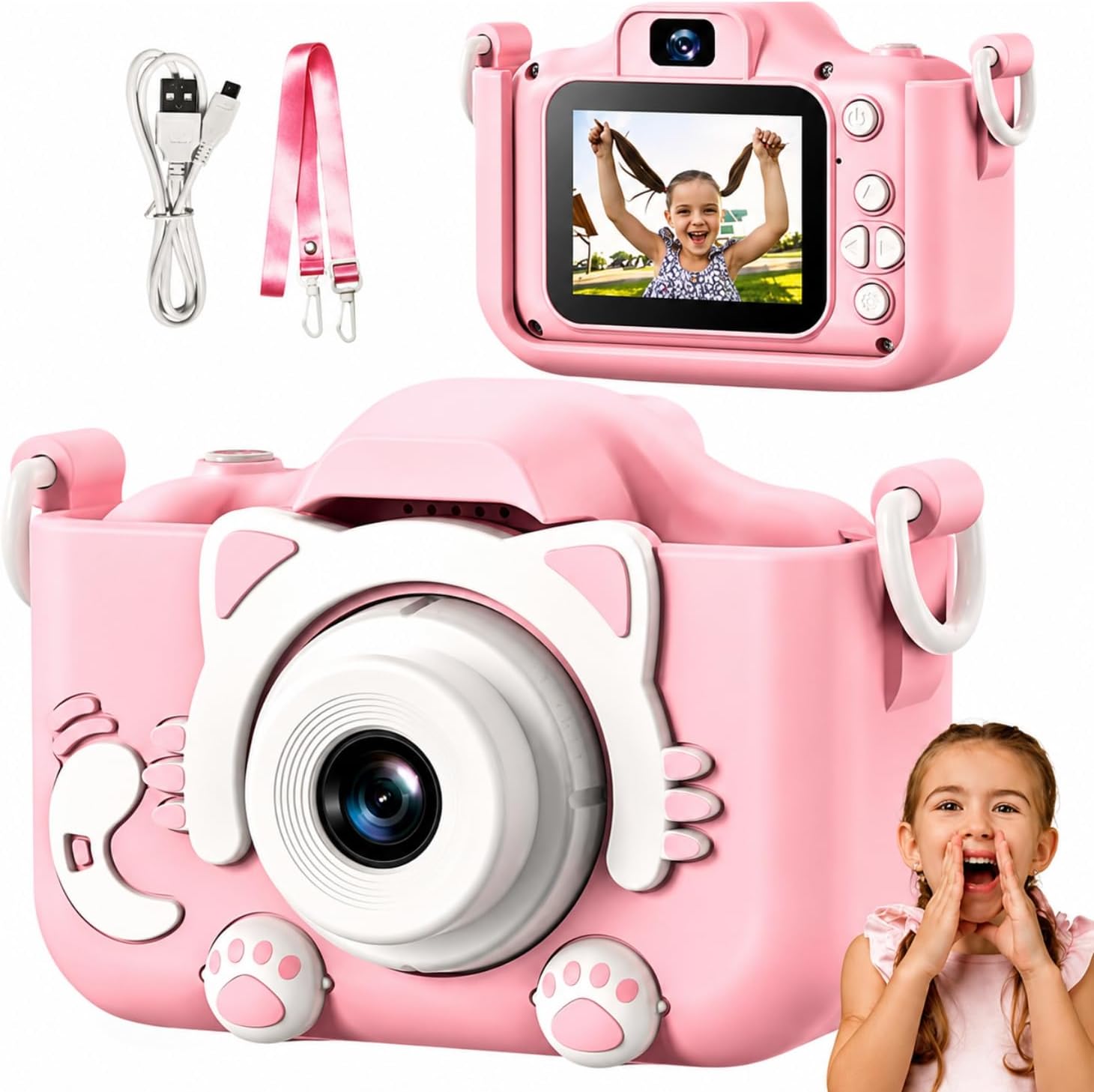 Câmera Fotográfica Infantil HD 1080p Gatinho com Vídeo, Selfie, Tela LCD 2”, Jogos, Filtros e Bateria Recarregável com Proteção Antichoque (Rosa)