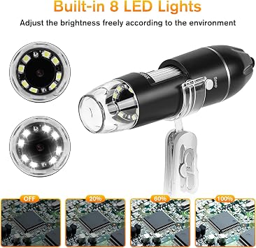 WADEO Handheld Digital Microscope, [1440P HD Camera] [1600X] 8 LED Light Portable Pocket Microscope with Stand, Compatible with iOS, Android, Smartphone, Tablet