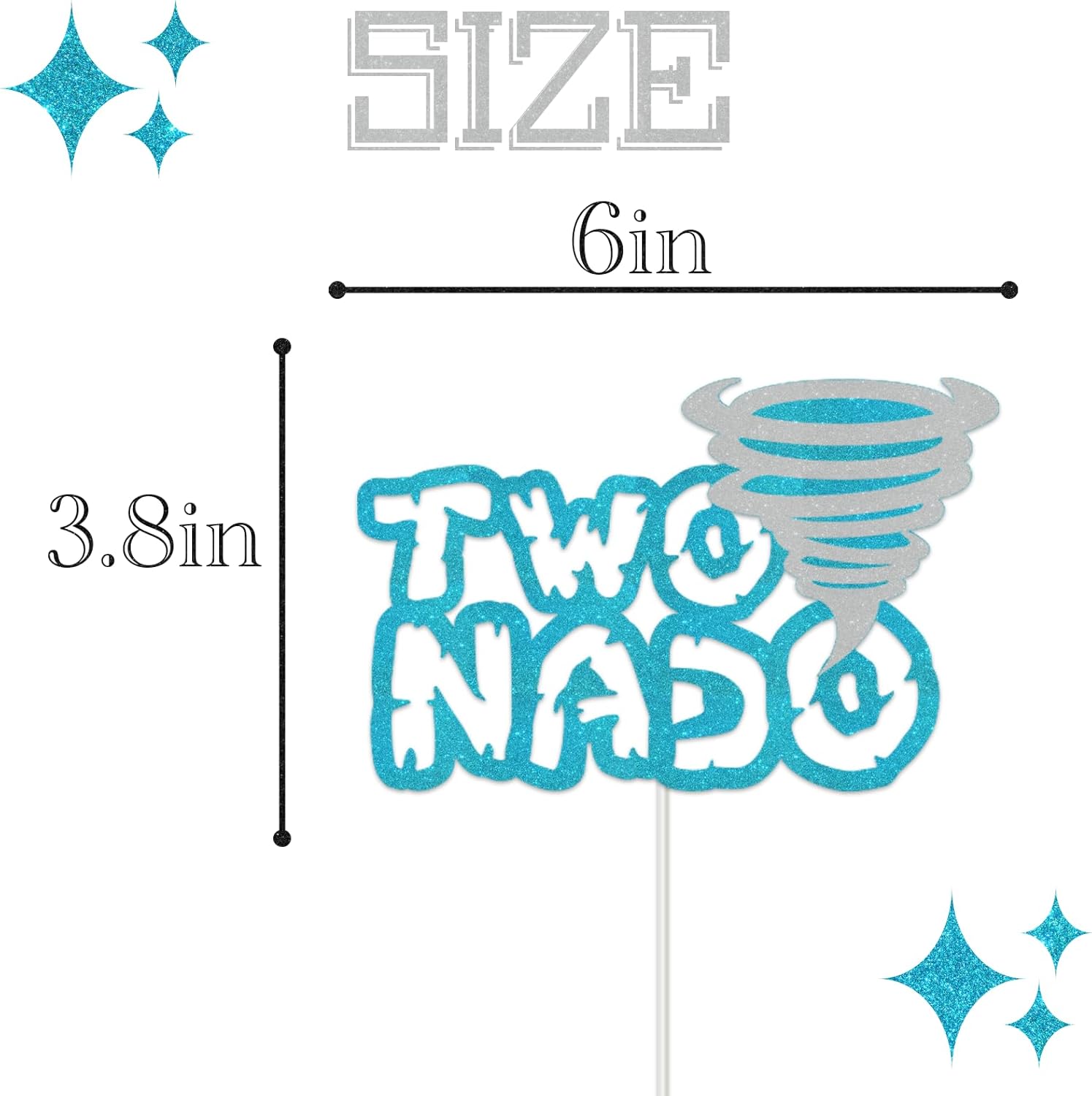 Two Nado Cake Topper - Tornado Sign 2nd Bithday Cake Picks - Kids Boys Two Years Old Themed Birthday Party Favors Decor - Blue Glitter 2nd Birthday Party Decoration Supplies