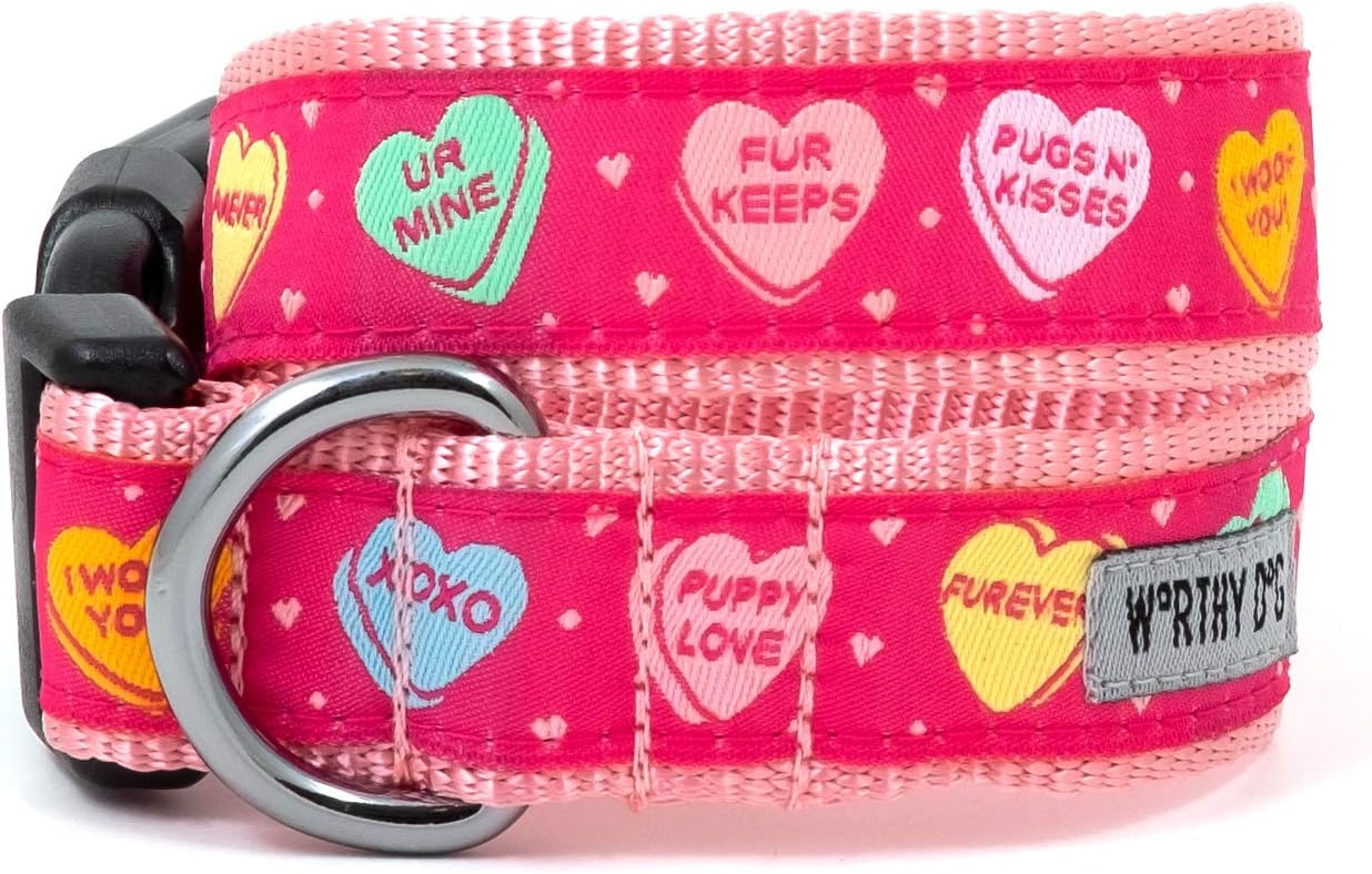 THE WORTHY DOG Adjustable Holiday Dog Collar for Medium Dogs, Durable Nylon Webbing, Quick Release Buckle, Puppy Love Conversation Hearts Valentine's Day Pattern, Pink, Medium