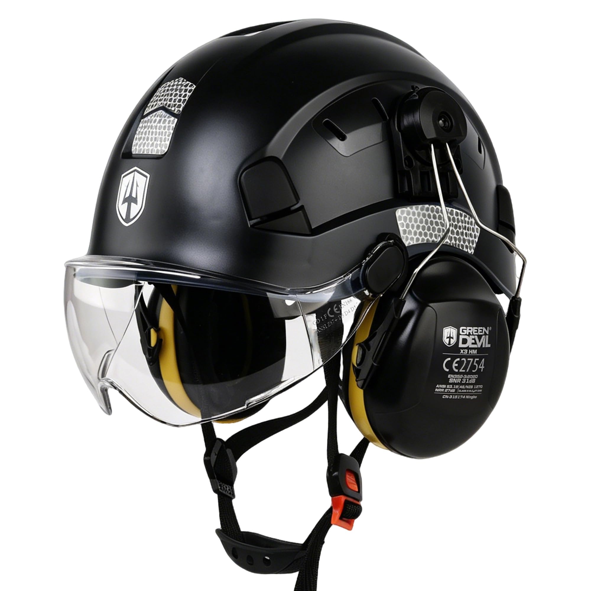 GREEN DEVIL Casque de Protection de Travail avec visière Transparente et Protection auditive - Casque de sécurité ABS réglable - Casque de sécurité ventilé avec Casque Industriel en 397 (Noir)