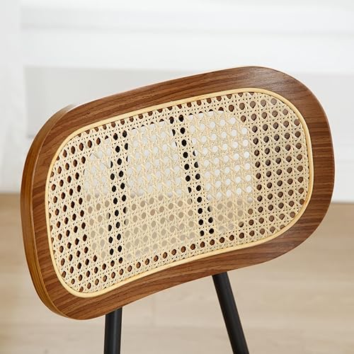 Miniatura 5 de Juego de 2 sillas de comedor Mid-Century de piel sintética con respaldo de ratán y patas de madera, perfectas para comedor, sala de estar o cocina