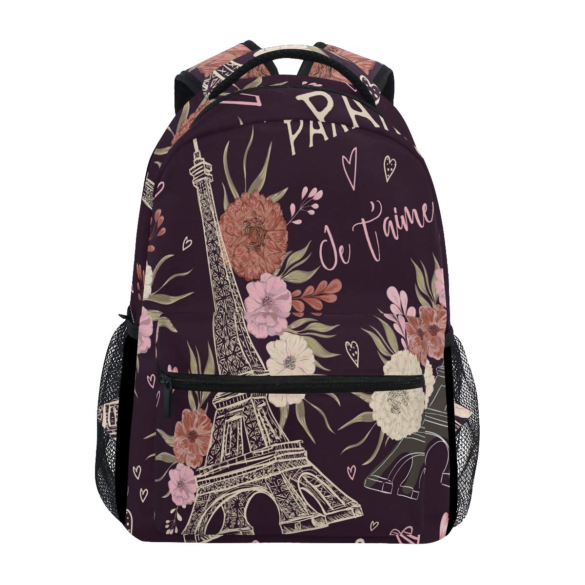 FenderZaino per San, con Motivo Torre Eiffel, Impermeabile, per la Scuola, la Palestra, con Fiori e Cuori, Borsa da Viaggio per Bambini, Ragazzi, Ragazze, Donne e Uomini