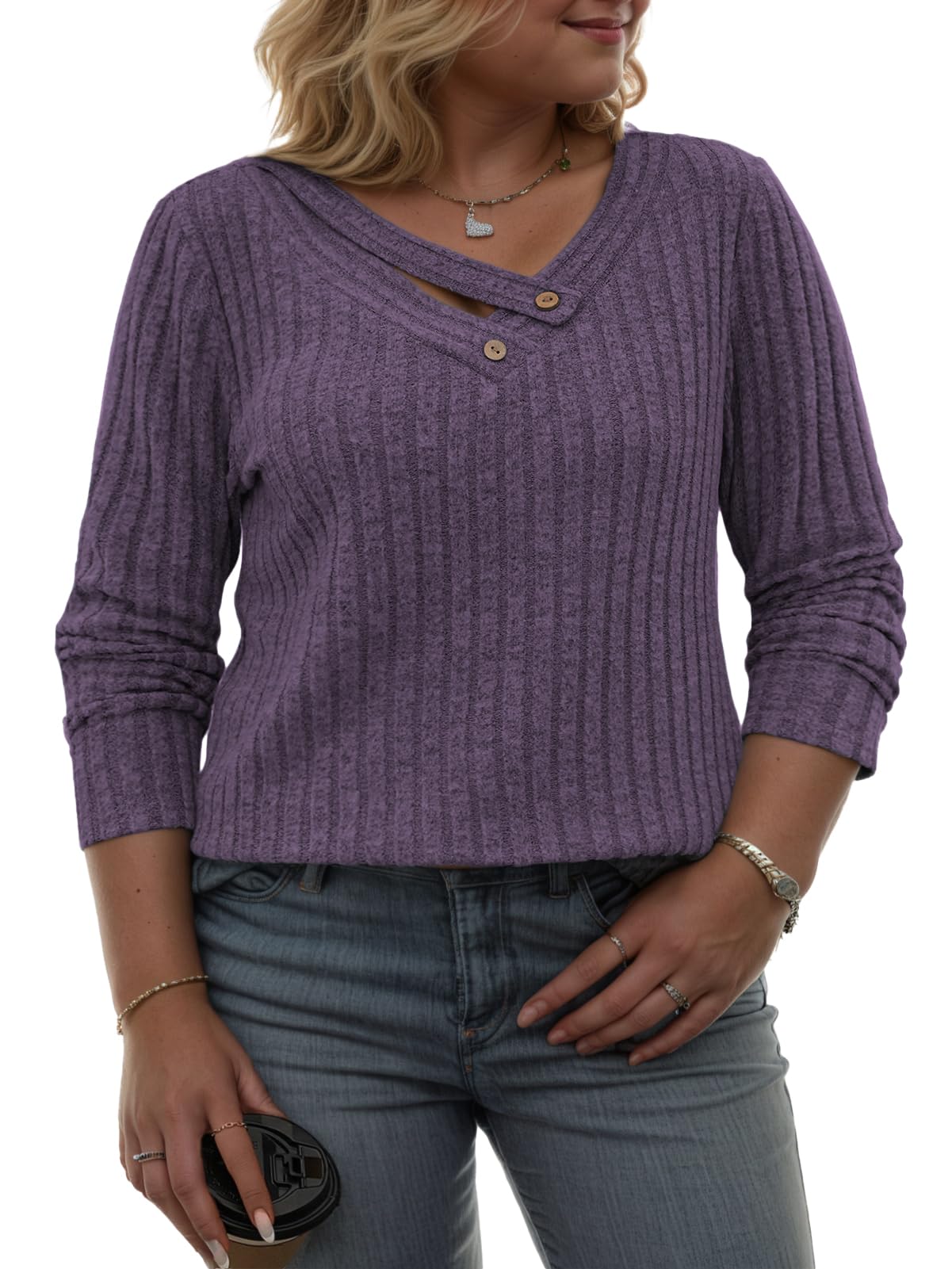 VISLILY Womens-Plus-Size-Tops Trendy V Neck Casual Long Sleeve Shirts Lightweight Knit Sweaters Button Decor Tunics Blouses