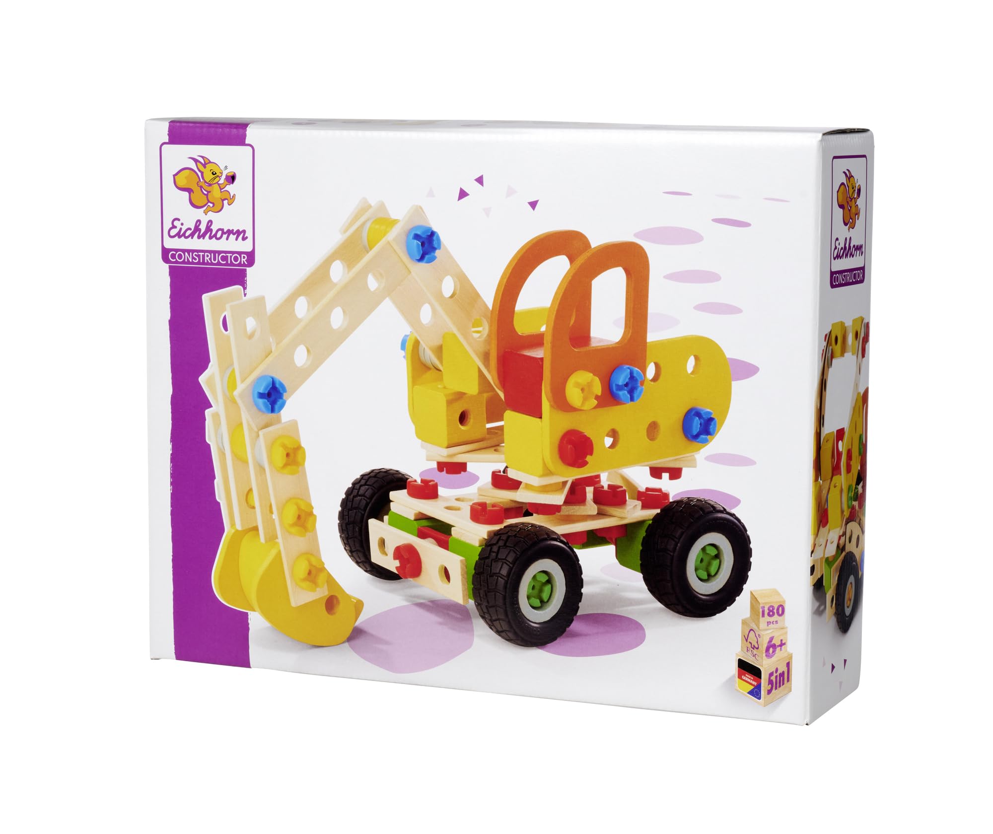 Eichhorn - Constructor Excavator, 5 Different Model Variations, Buildable, Construction Toy with 180 Pieces, Versatile Wooden Toy, Made from 100% FSC Certified Beech Wood, from 6 Years