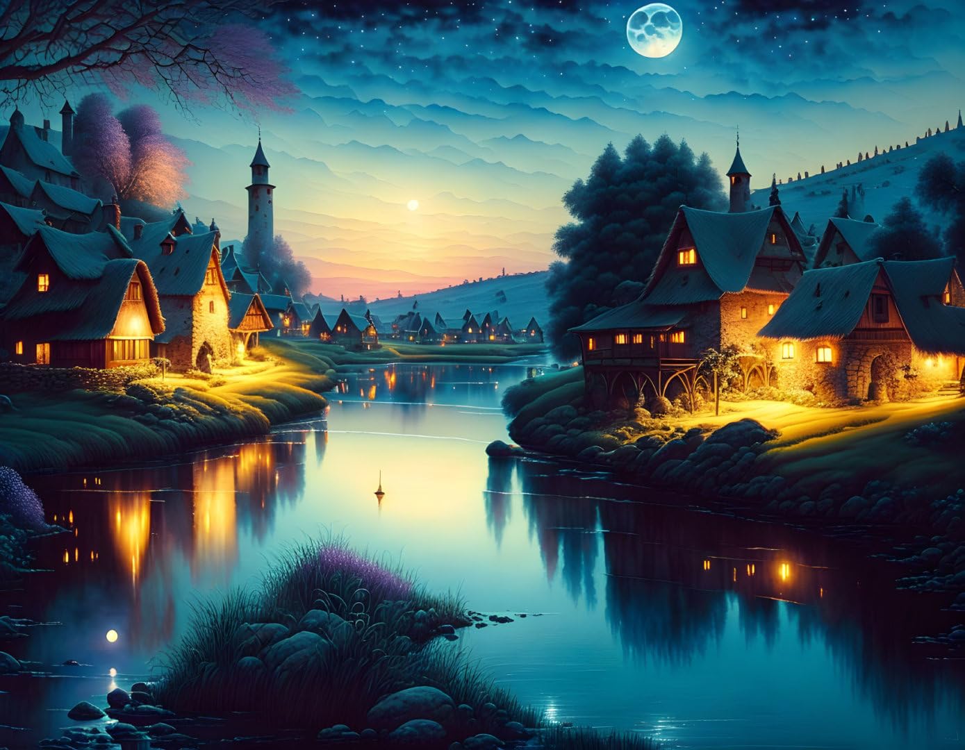 Art mural rivière de campagne et clair de lune impression toile - 4