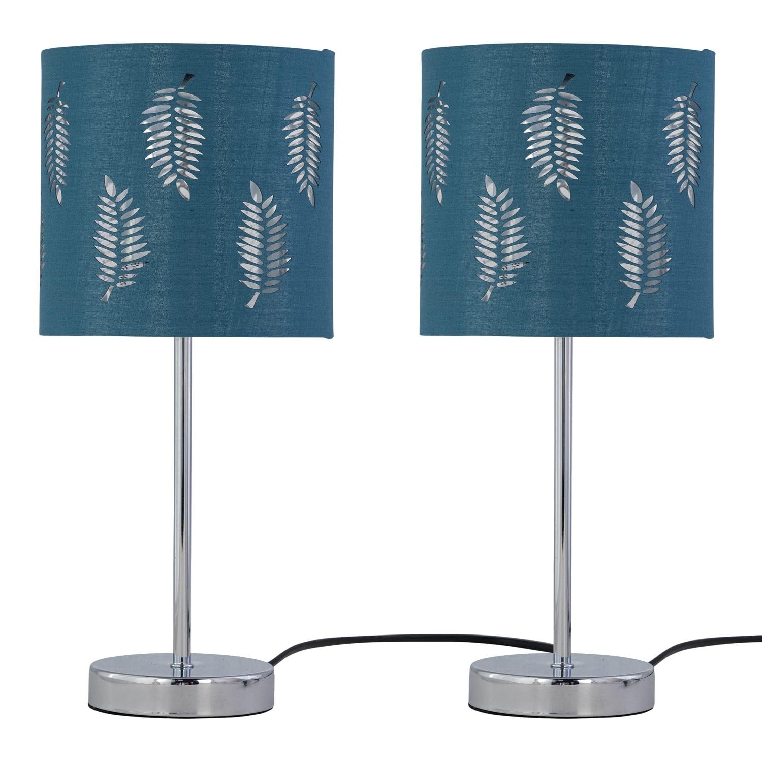 Firstchoicelighting Chrome & Teal Set Of 2 Polished Chrome Table Lamps Or Bedside Lights, Modern Design, Teal Leaf Cut Out Shades, Height 35Cm, Led Compatible