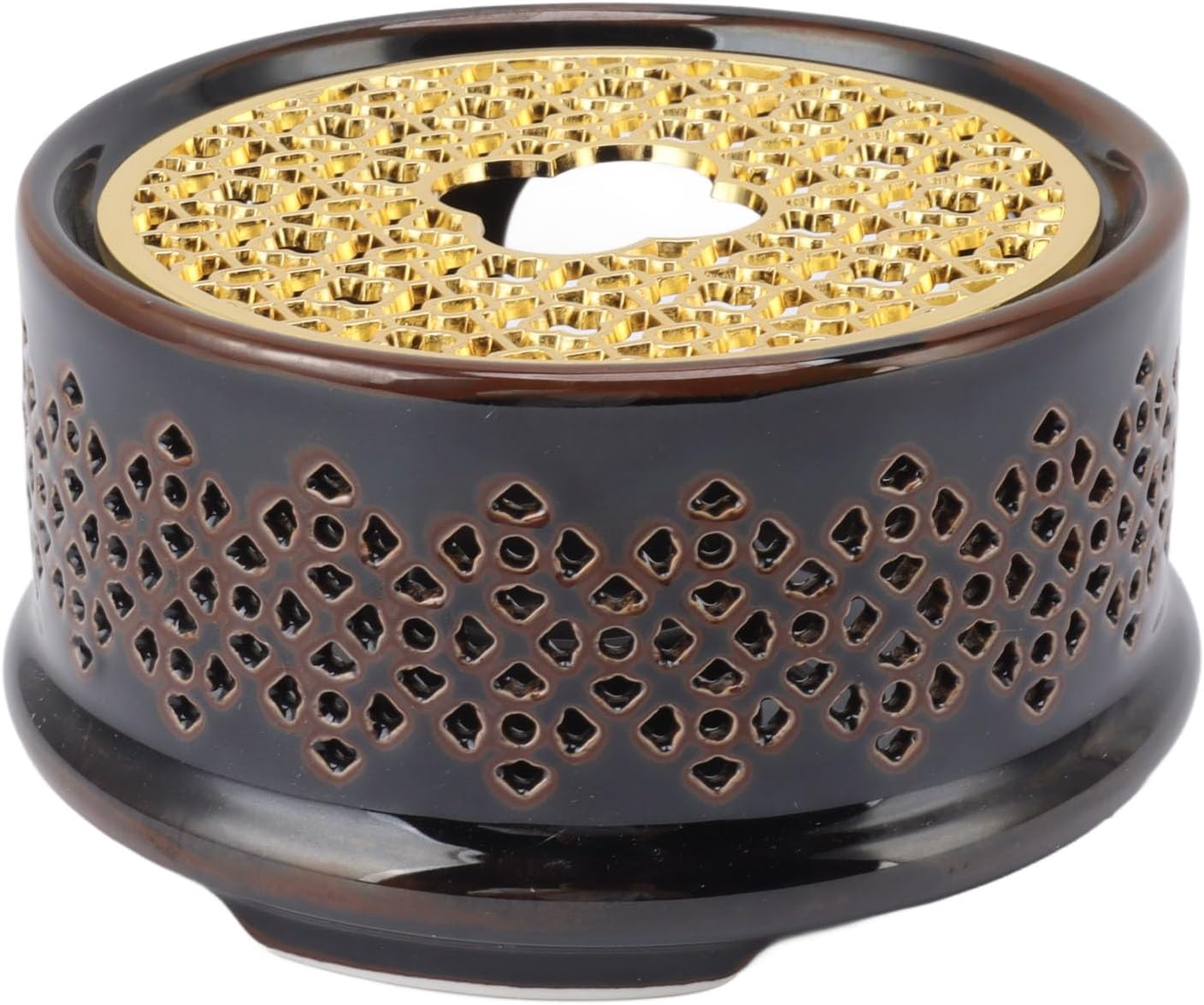 Ceramic Teapot Warmer Base, Tea Coffee Warmer with Spoon Lid and Candle Holder, Flat Teapot Heater for Different Sizes, Durable Ceramic and Iron Design for Safe and Secure Use (Brown)
