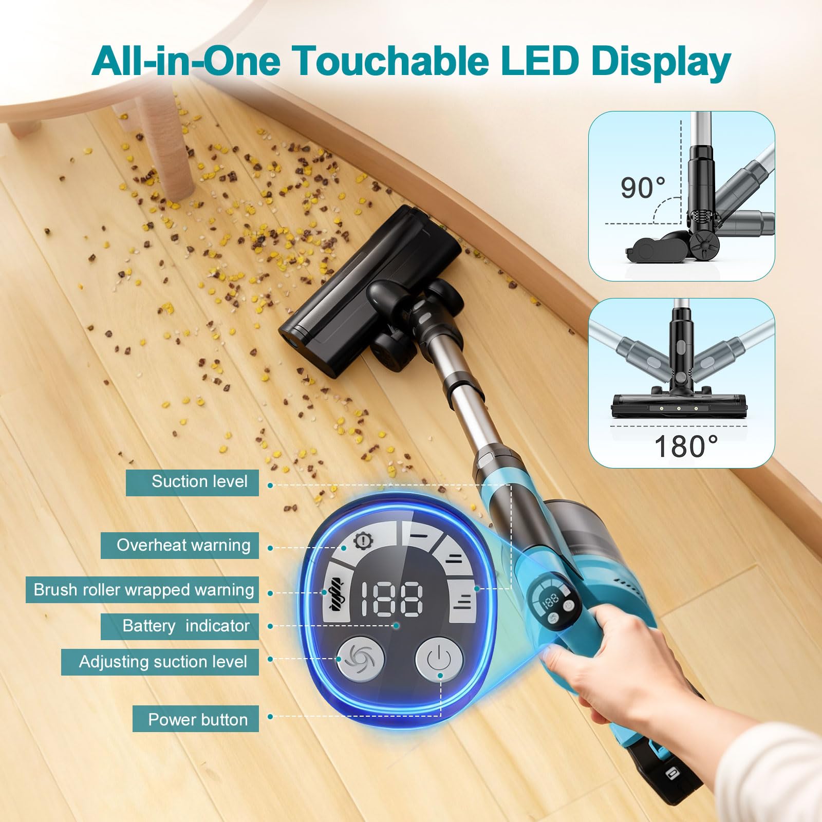 700W/60KPa/70Mins Aspirateur Balai sans Fil Puissant avec 2*4,0Ah Batteries Amovible, avec Rechargeable Support Mural, Brosse Anti-Enchevêtrement, Écran LED, pour Sols Durs/Animaux/Voiture