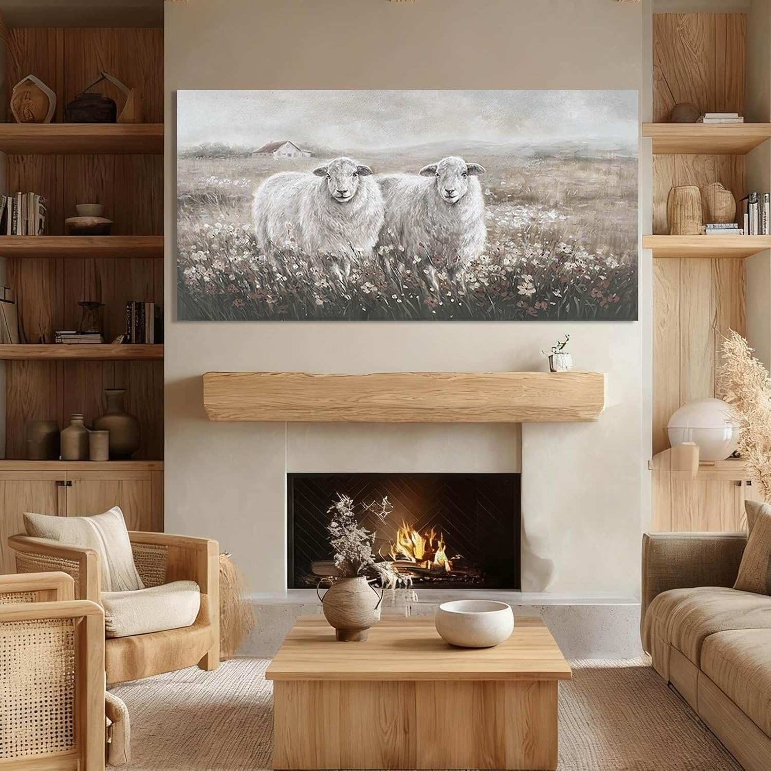 YETHEN WAL Sheep Meadow Canvas Wall Art, Printed Country Cottage Landscape Artwork, Soft Neutral Earth-Tone Palette, Farmhouse Wall Decor for Entryway Bedroom, Over Console, 20x40 Inch