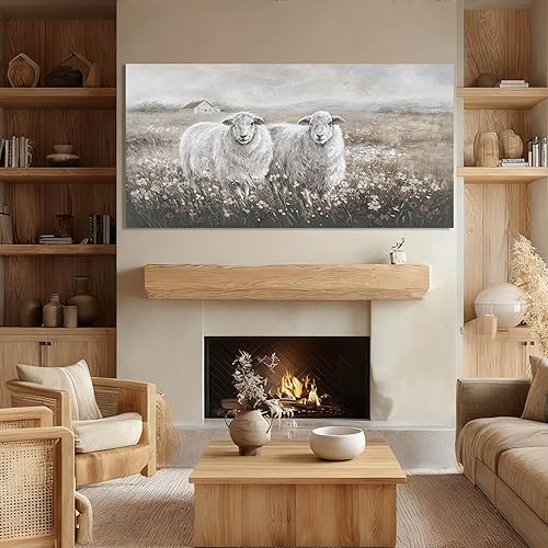 YETHEN WAL Sheep Meadow Canvas Wall Art, Printed Country Cottage