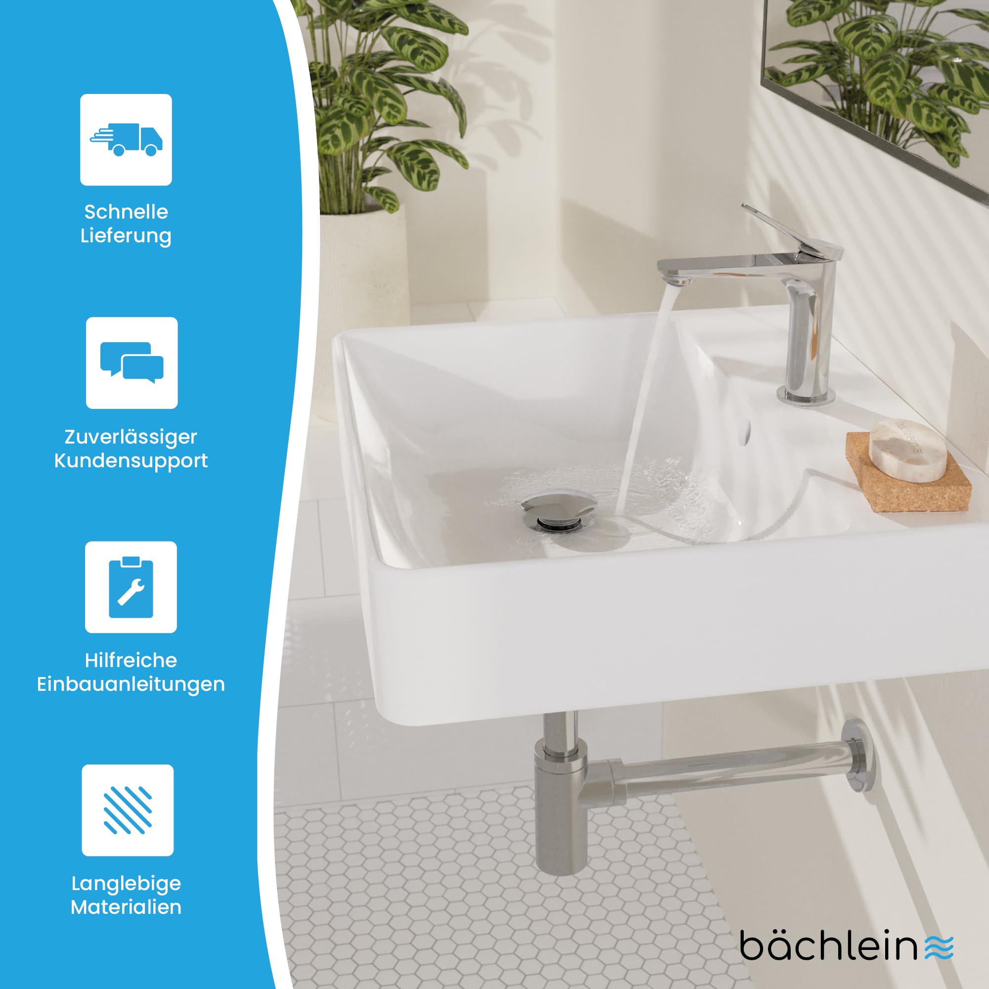 Bächlein Bundle - Badarmatur Aldeya + Ablaufgarnitur platzsparend + Design Siphon - Chrom