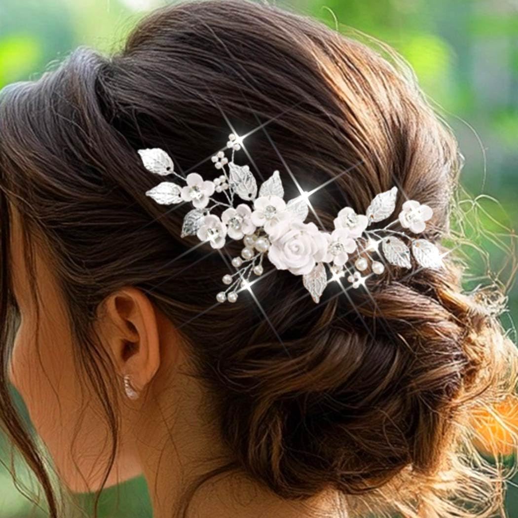 Peineta de boda con flores y perlas plateadas - Accesorio de cabello para mujer y niña